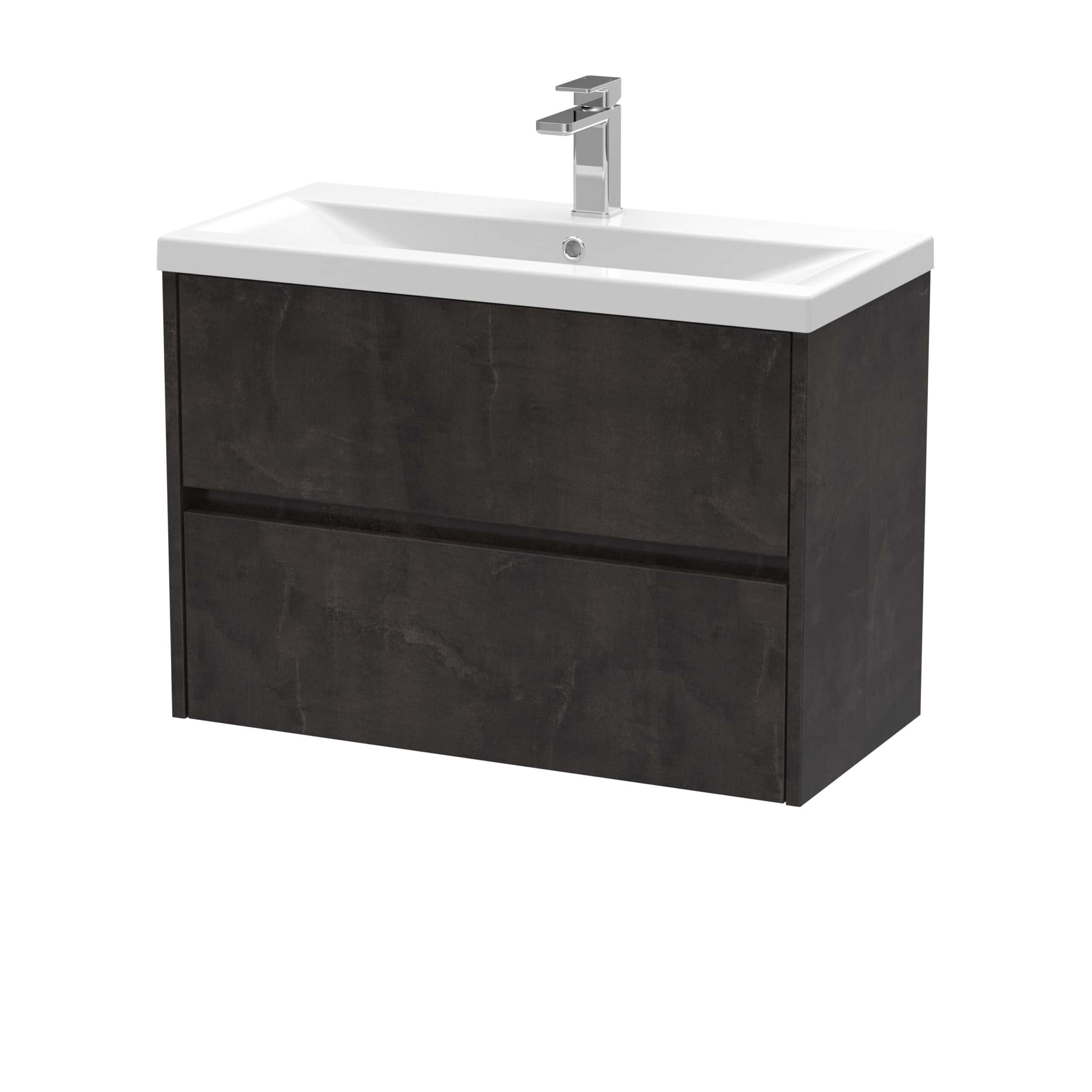 Modern black bathroom vanity with white ceramic sink and chrome tap, ideal for contemporary bathroom design.