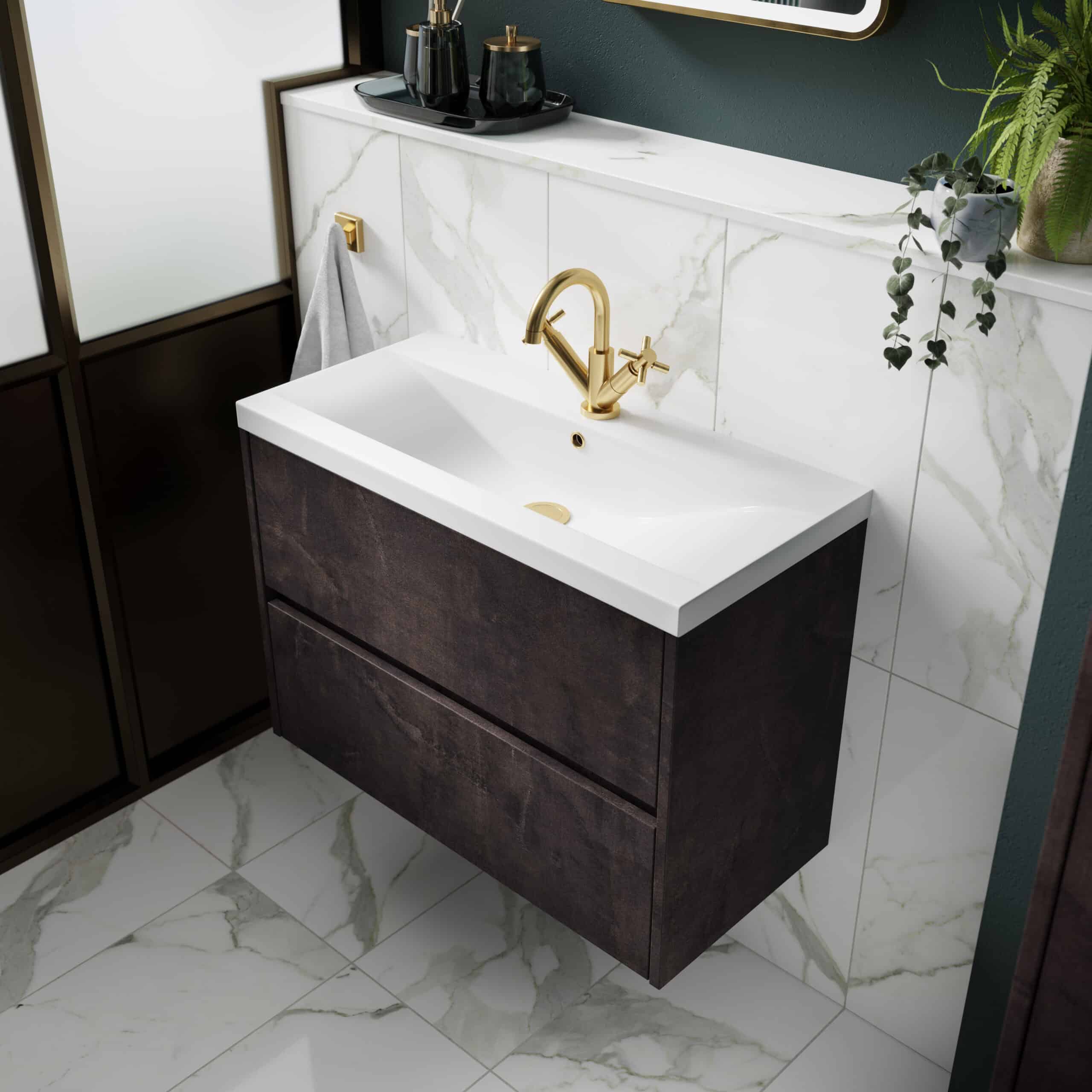 Bathroom vanity with a modern dark wood finish, white countertop, and elegant gold fixtures in a stylish contemporary bathroom setting.