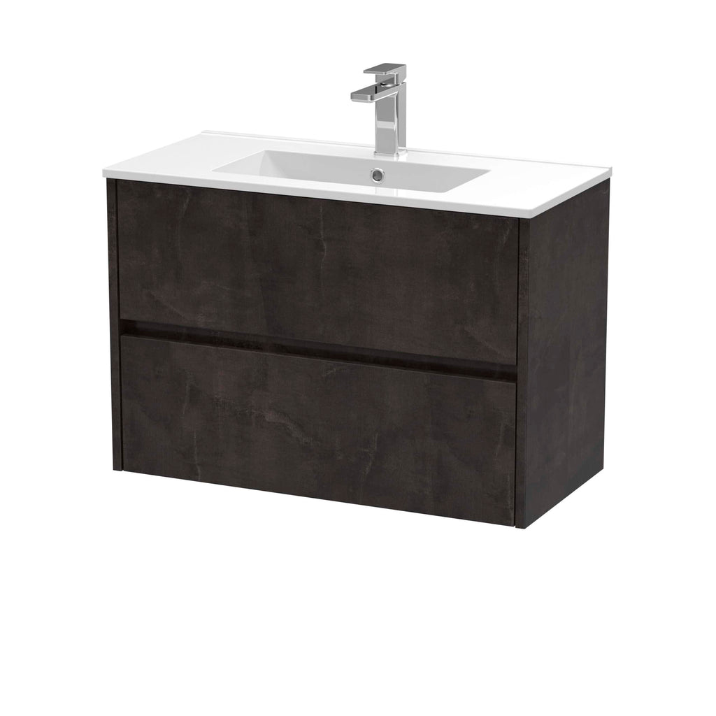 Modern black bathroom vanity unit with integrated sink and chrome tap, ideal for contemporary bathroom designs and optimal space utilisation.