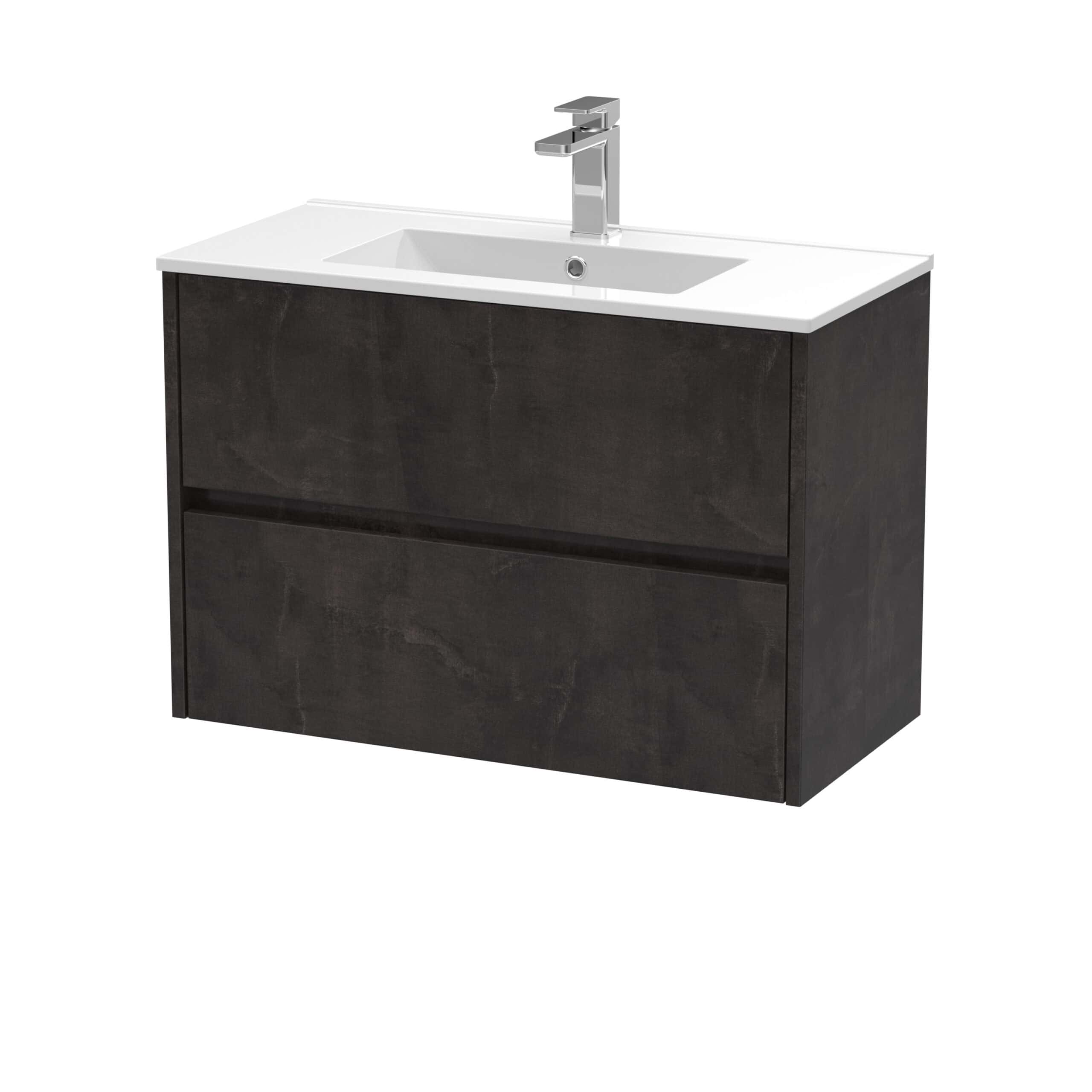 Modern black bathroom vanity unit with integrated sink and chrome tap, ideal for contemporary bathroom designs and optimal space utilisation.