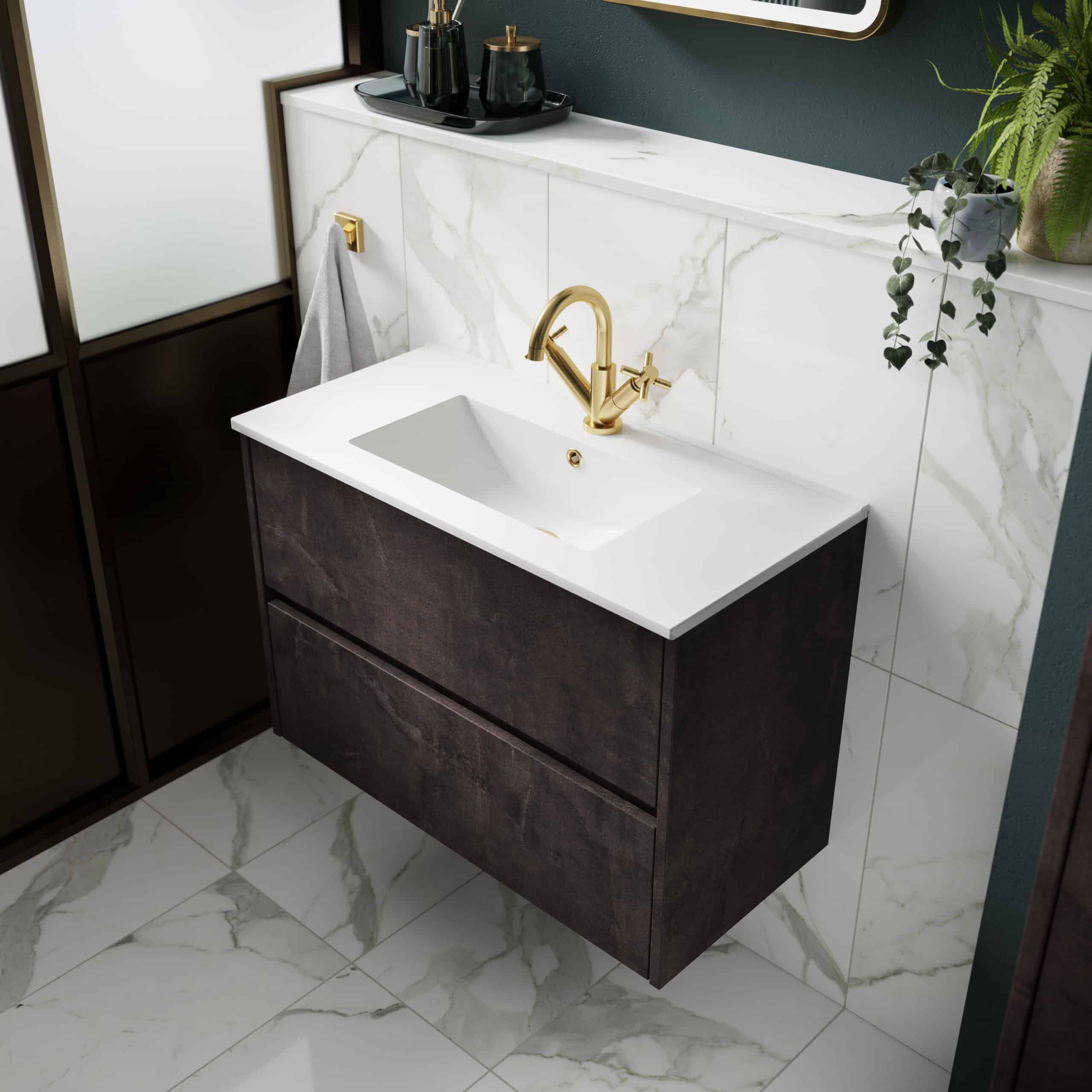 Gold bathroom sink faucet with black and gold accessories on marble countertop, modern bathroom decor, elegant interior design, stylish bathroom vanity with dark wooden cabinet, luxurious home bathroom setup.
