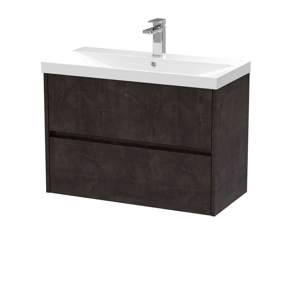 Modern black bathroom vanity with integrated sink and chrome tap, ideal for contemporary bathroom decor. Durable, stylish, and functional storage solution. Perfect for a sleek, minimalist bathroom design.