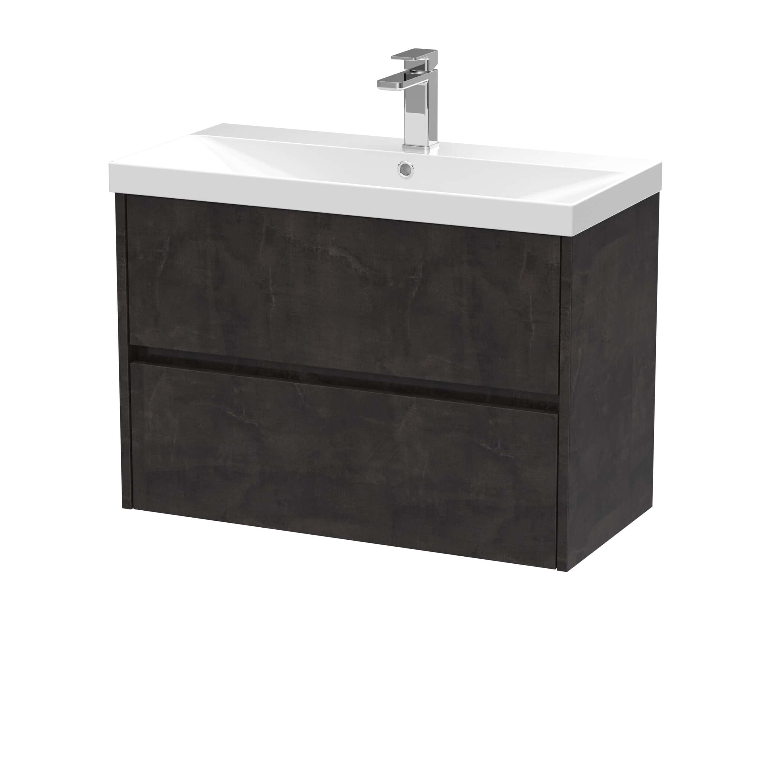 Modern black bathroom vanity with integrated sink and chrome tap, ideal for contemporary bathroom decor. Durable, stylish, and functional storage solution. Perfect for a sleek, minimalist bathroom design.