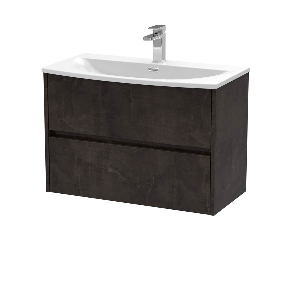 Sleek modern bathroom vanity with a black wood finish and integrated white ceramic sink featuring a chrome tap, ideal for contemporary bathroom renovations.