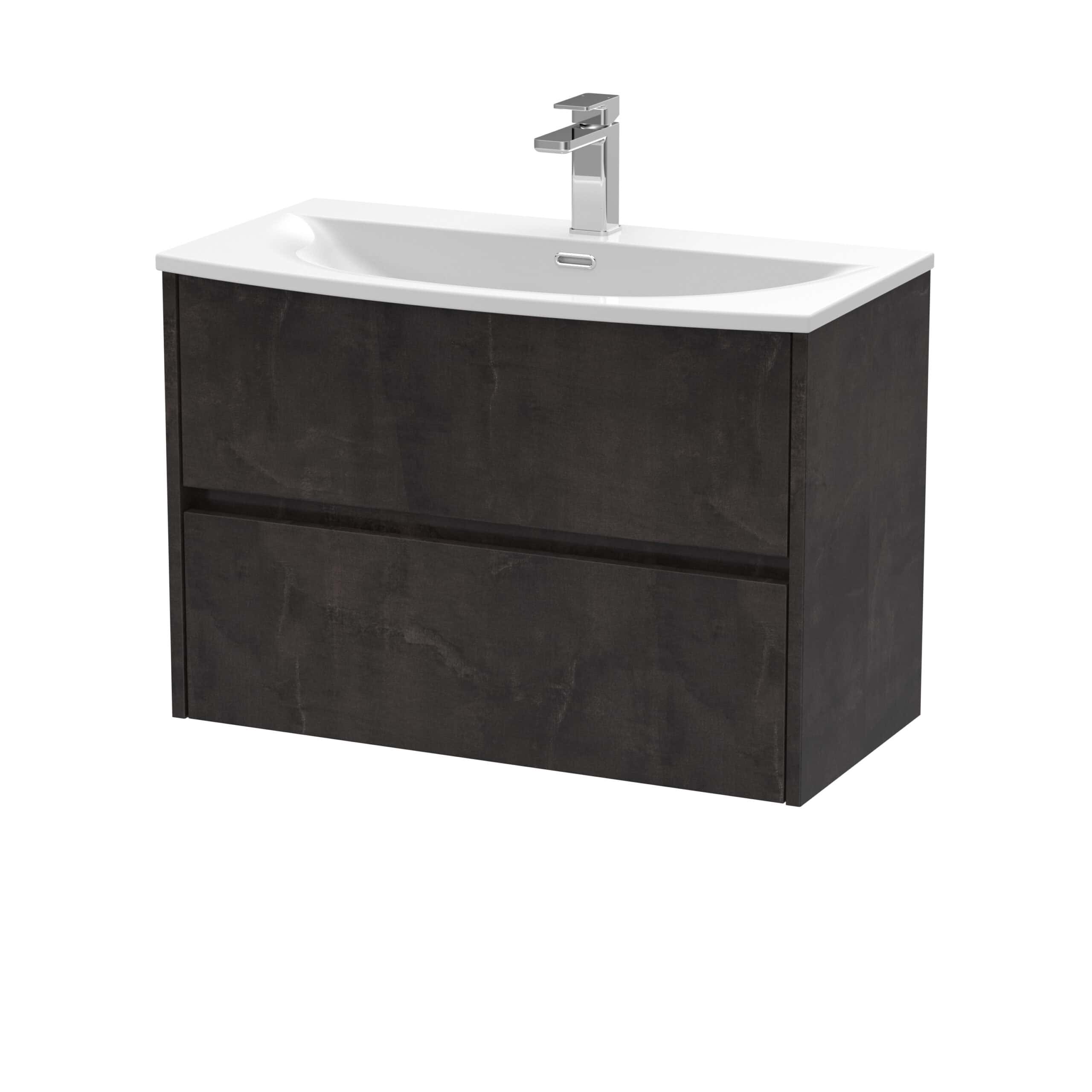 Sleek modern bathroom vanity with a black wood finish and integrated white ceramic sink featuring a chrome tap, ideal for contemporary bathroom renovations.