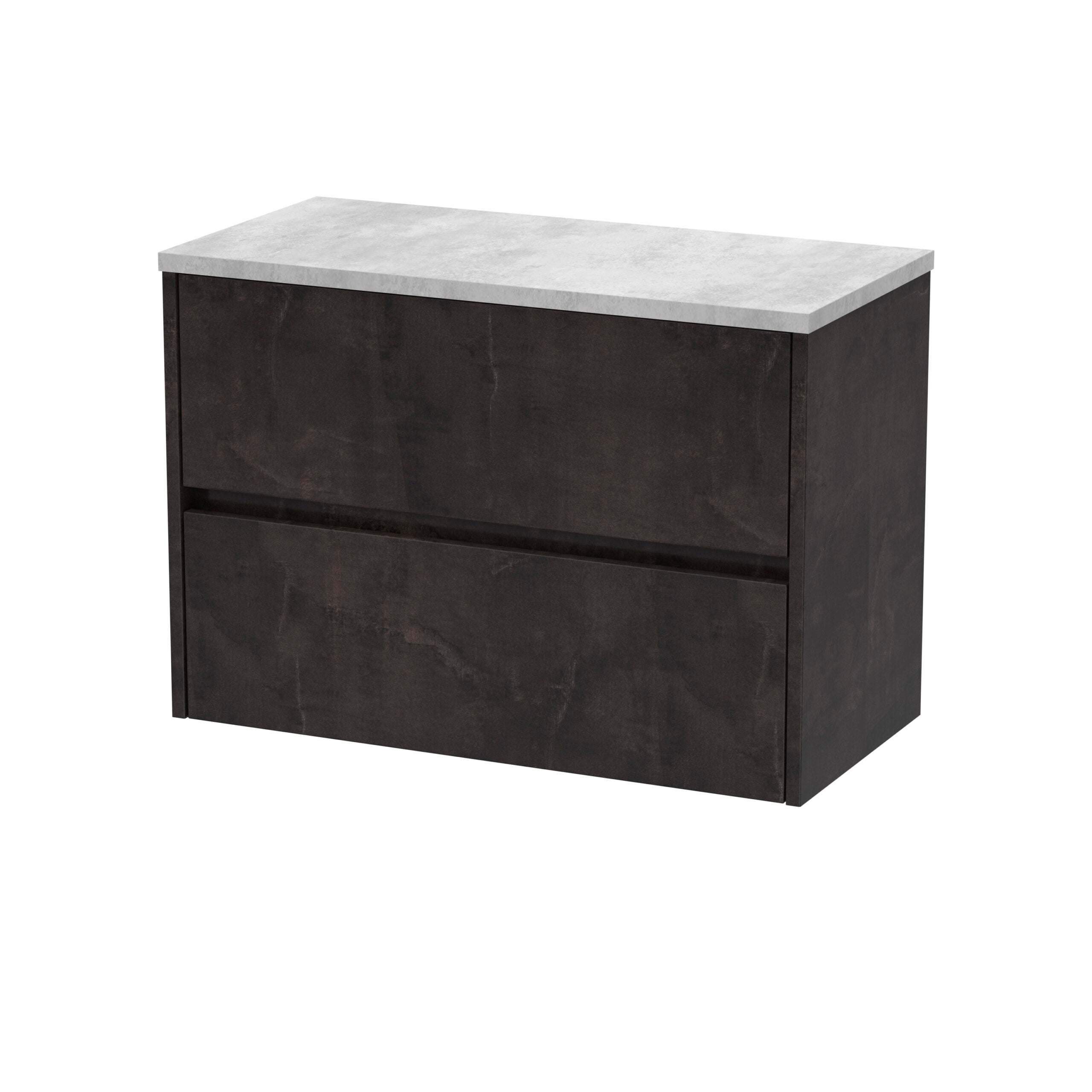 Contemporary black bathroom vanity unit with a marble-effect countertop and sleek drawers, ideal for modern bathroom storage solutions. Perfect for stylish bathroom interiors.