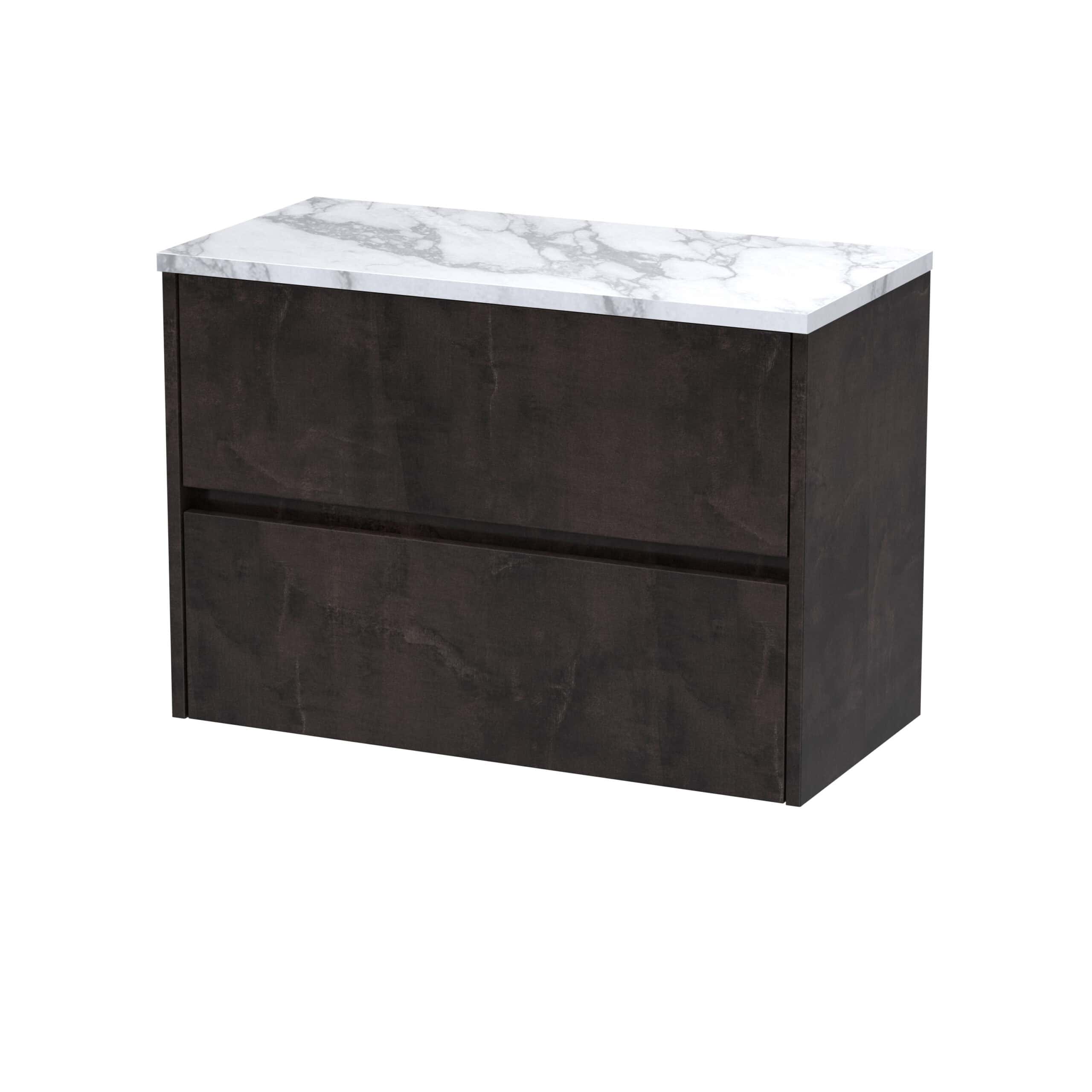 Modern black bathroom vanity with a white marble top, stylish storage drawers, and sleek design for contemporary bathroom decor. Perfect for bathroom storage solutions.
