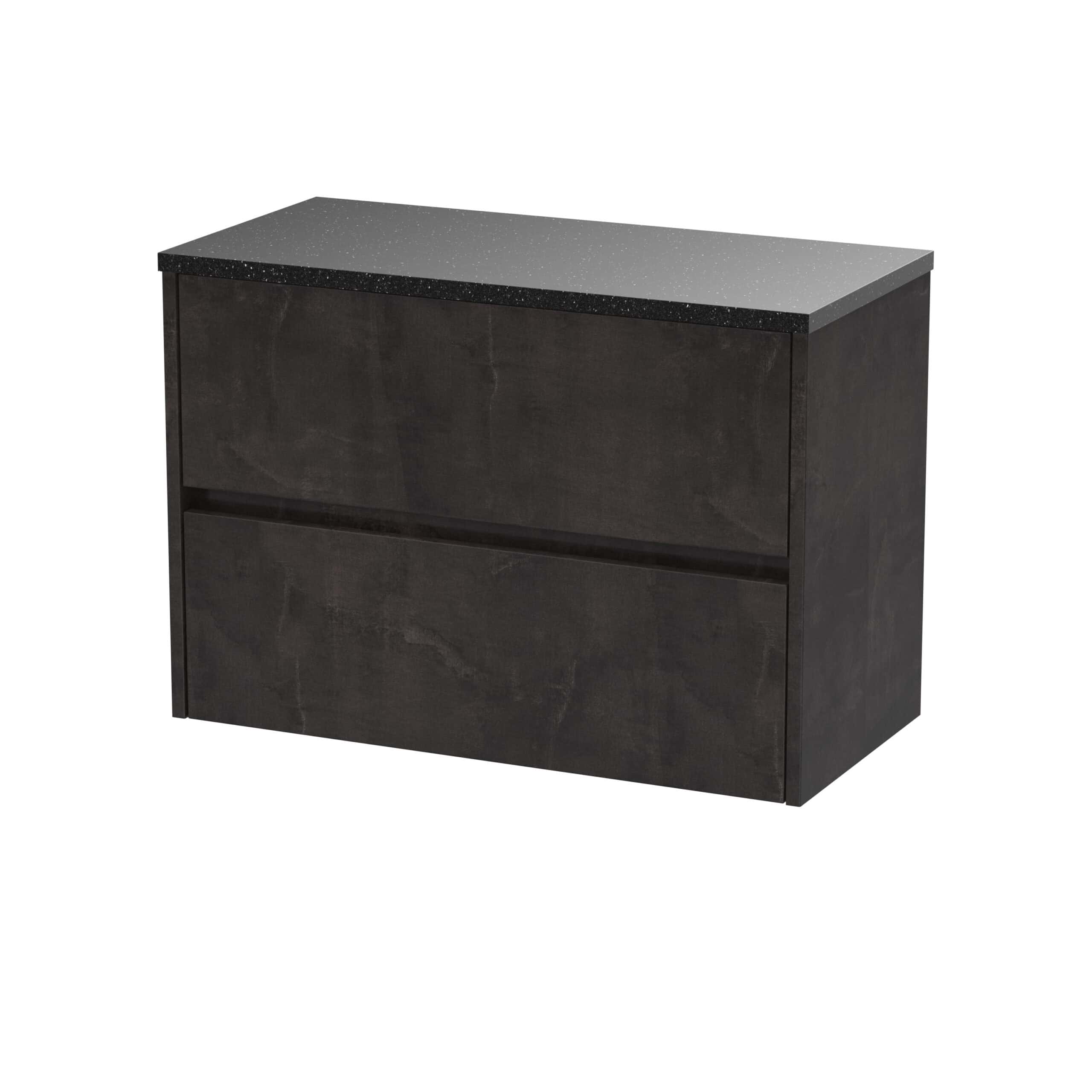 Sleek black bathroom storage unit with a textured top surface, modern design, ideal for contemporary bathrooms, offering practical storage space and stylish organisation.