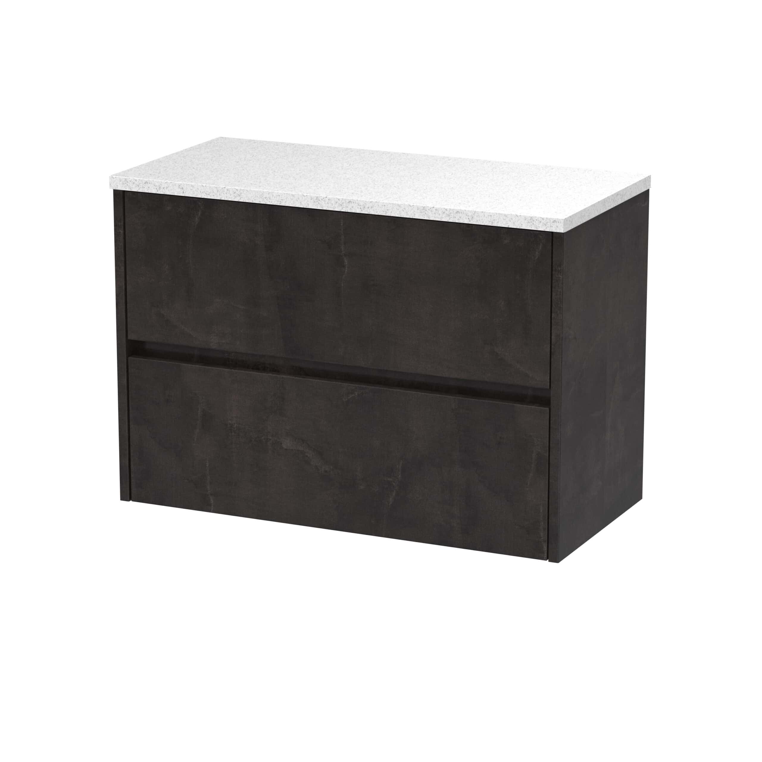 Modern black bathroom vanity with a white stone countertop, minimalist design, and spacious drawers, perfect for contemporary bathrooms.