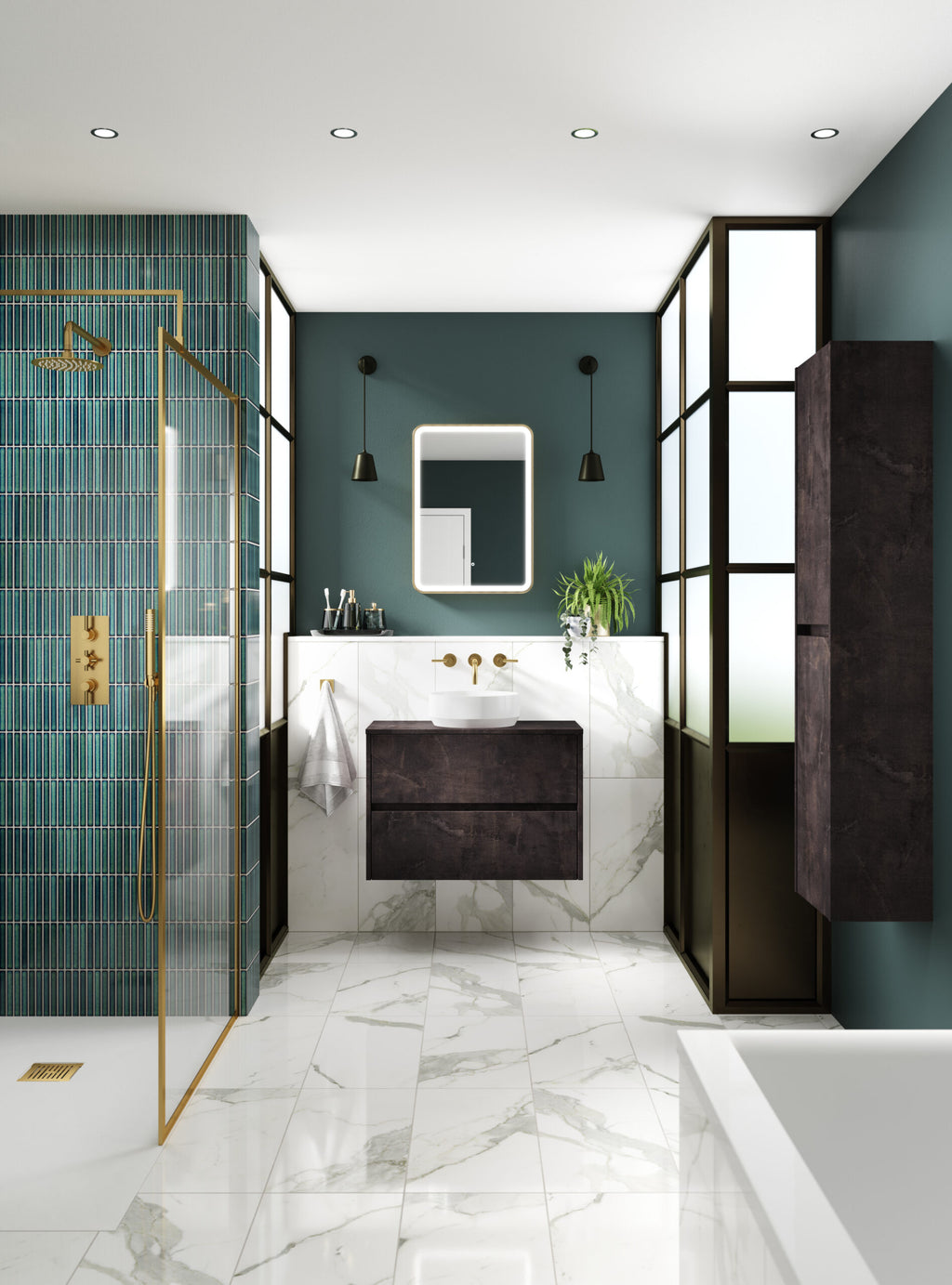 Modern bathroom with green walls, marble flooring, and sleek black and gold fixtures, including a glass shower on the left and a stylish vanity with a mirror above.
