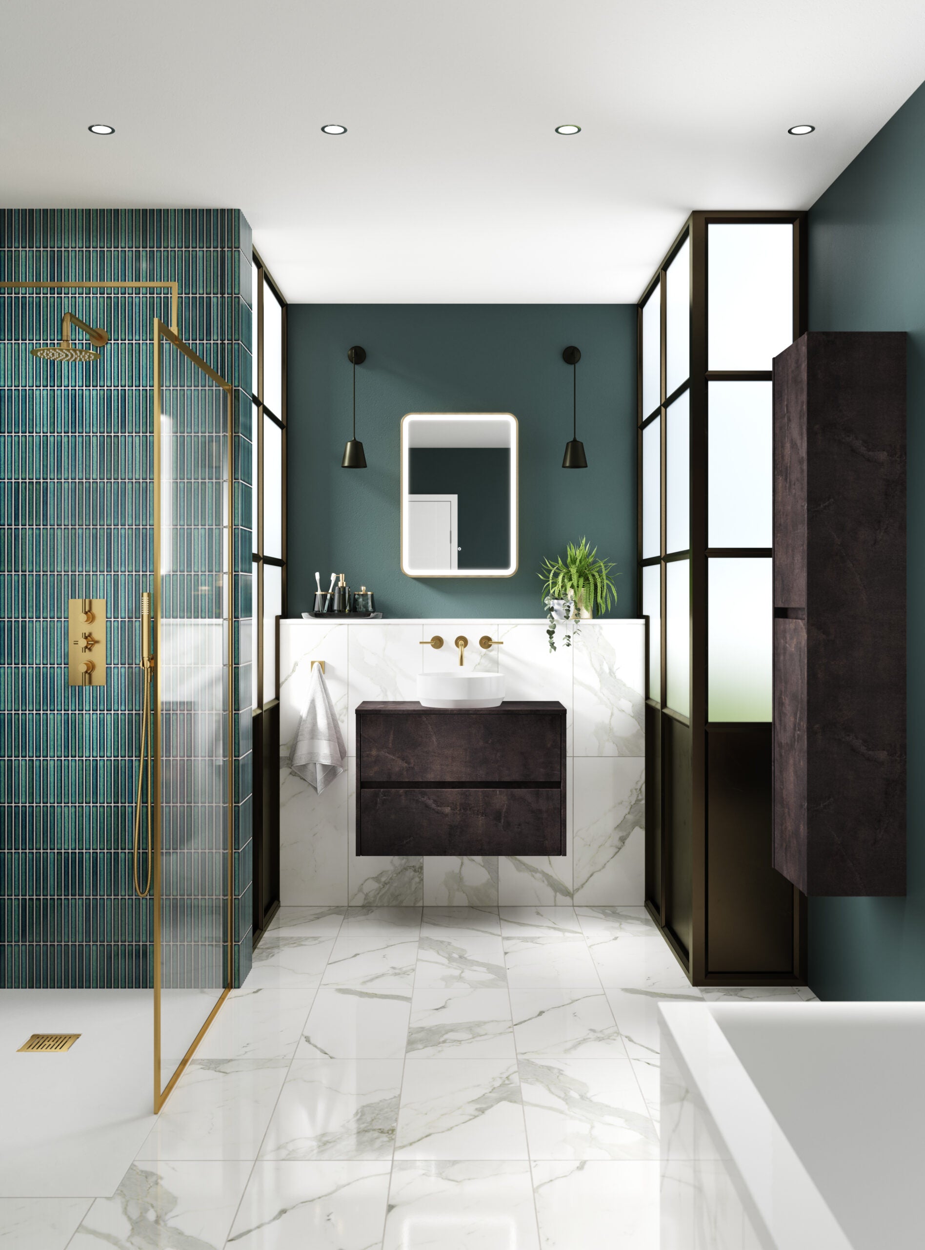 Modern bathroom with green walls, marble flooring, and sleek black and gold fixtures, including a glass shower on the left and a stylish vanity with a mirror above.