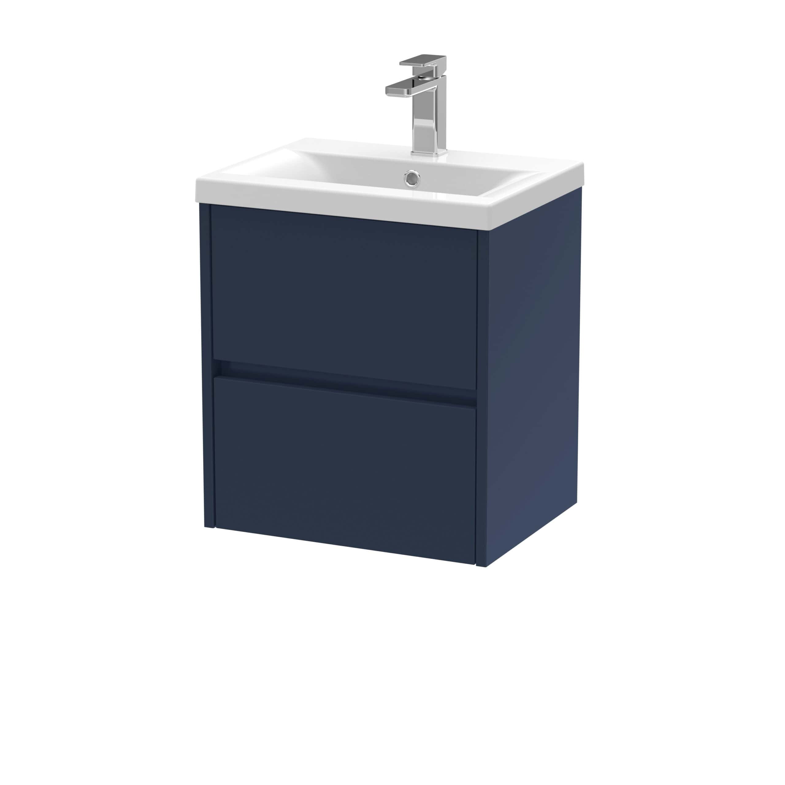 Sleek navy bathroom vanity with integrated sink and modern chrome faucet, ideal for contemporary bathroom design. Perfect for efficient use of space and stylish storage solutions.