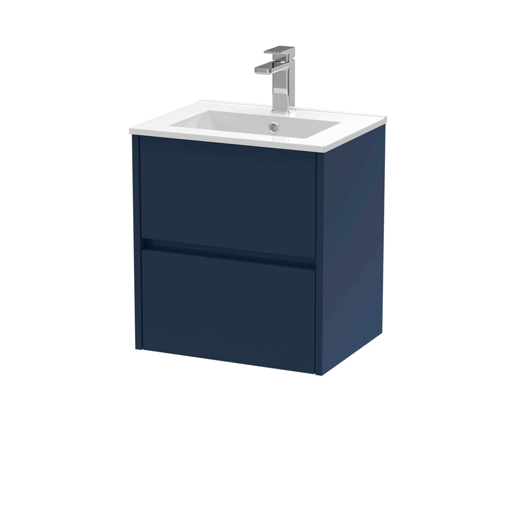 Sleek navy bathroom vanity cabinet with integrated sink and modern chrome faucet, perfect for contemporary bathroom interiors and space-saving functionality.