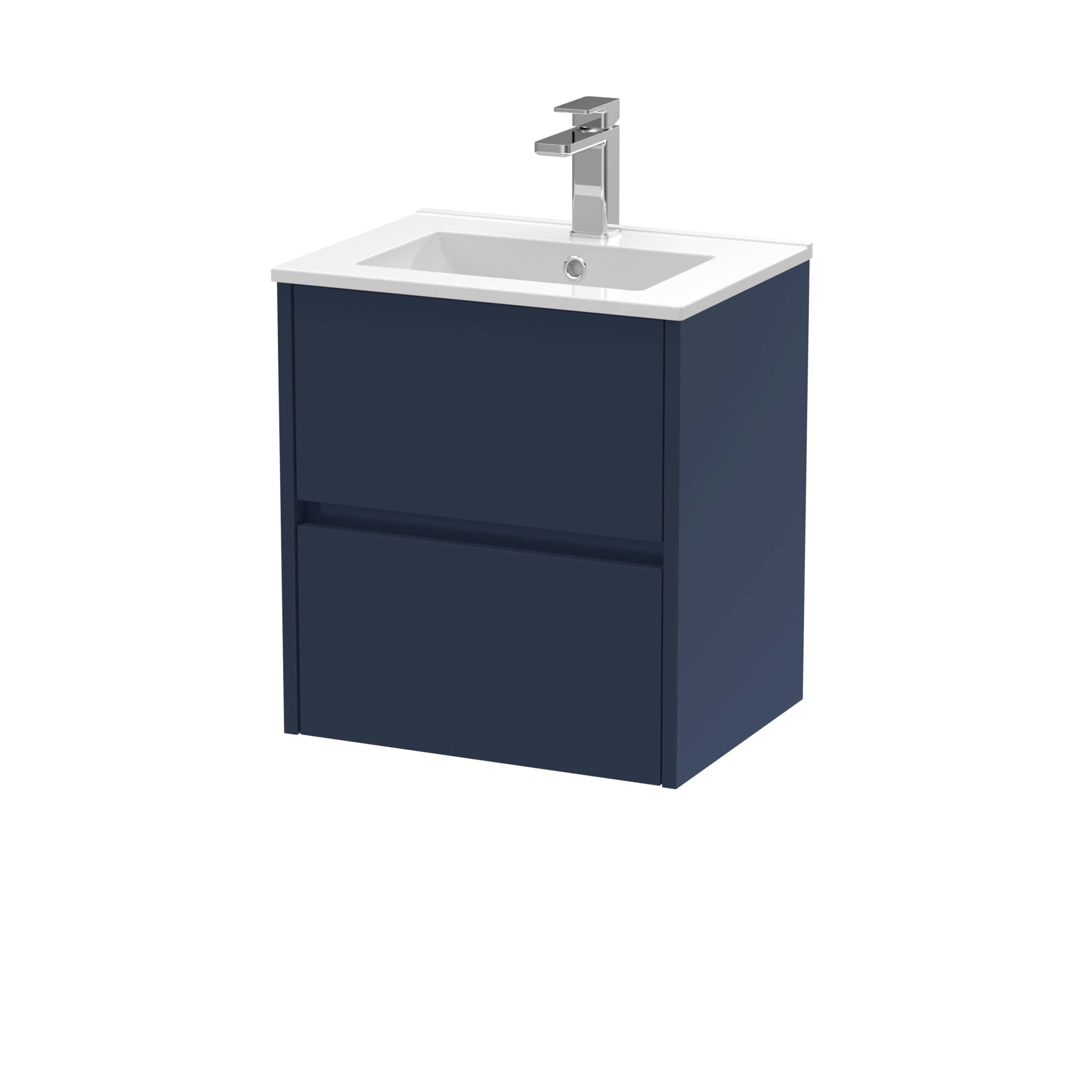 Sleek navy bathroom vanity cabinet with integrated sink and modern chrome faucet, perfect for contemporary bathroom interiors and space-saving functionality.