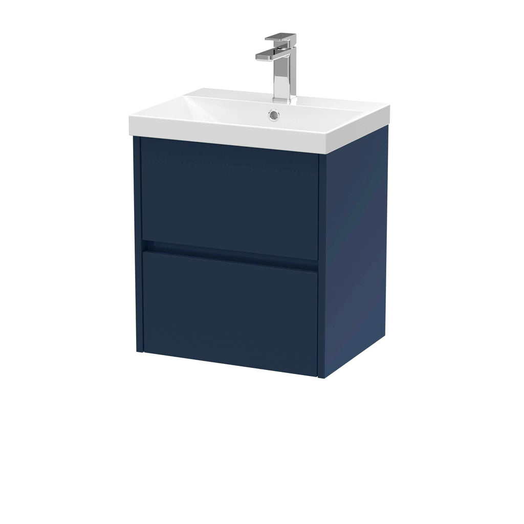 Modern bathroom vanity with a white ceramic sink and navy blue cabinet, featuring two drawers for storage, perfect for contemporary bathroom interiors.