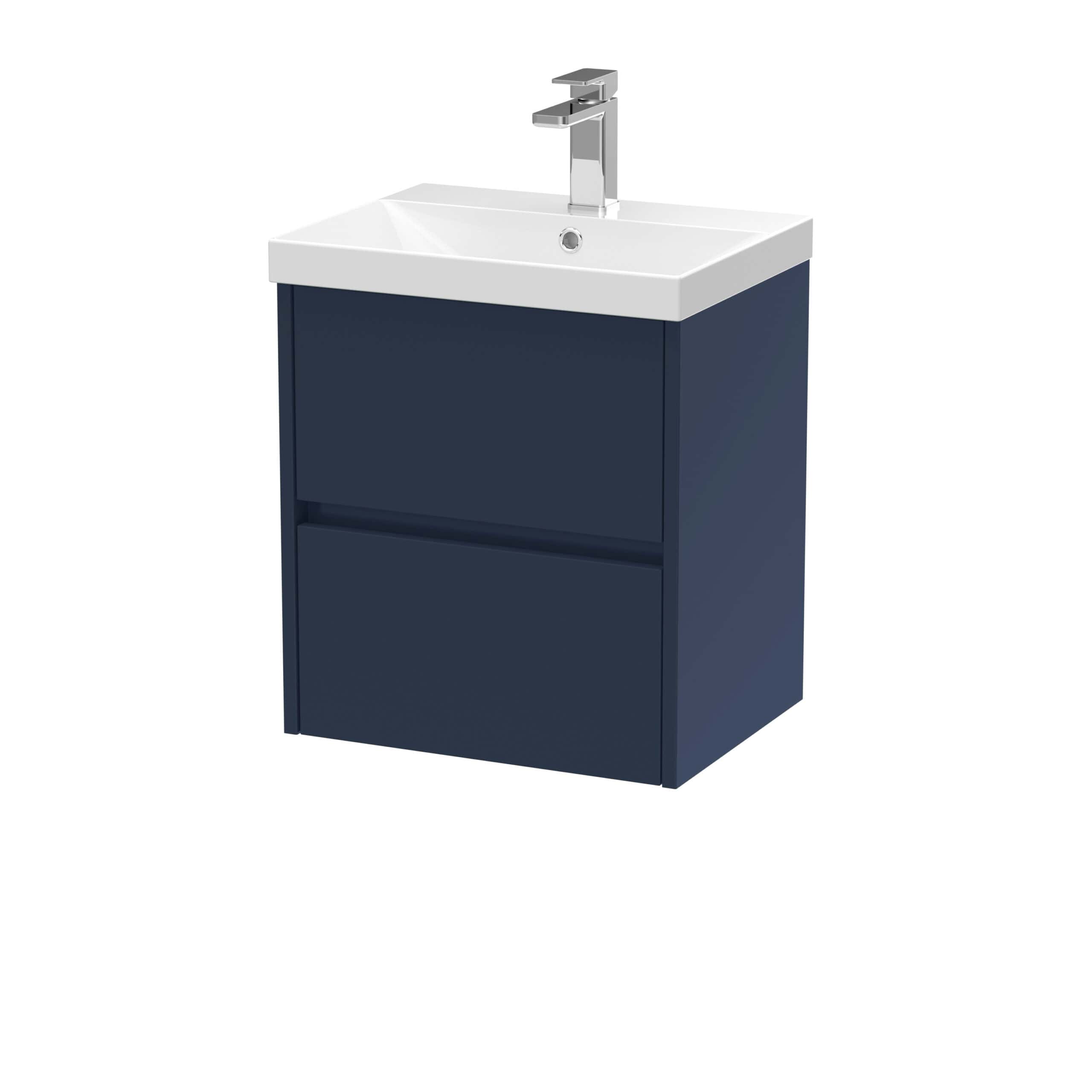 Modern bathroom vanity with a white ceramic sink and navy blue cabinet, featuring two drawers for storage, perfect for contemporary bathroom interiors.