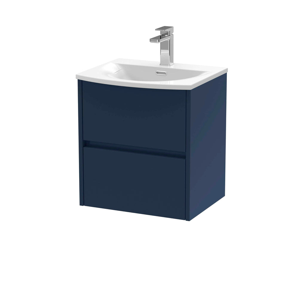 Modern navy blue bathroom vanity unit with integrated sink and streamlined design, ideal for contemporary bathrooms. Features ample storage space with two drawers and a stylish chrome faucet.