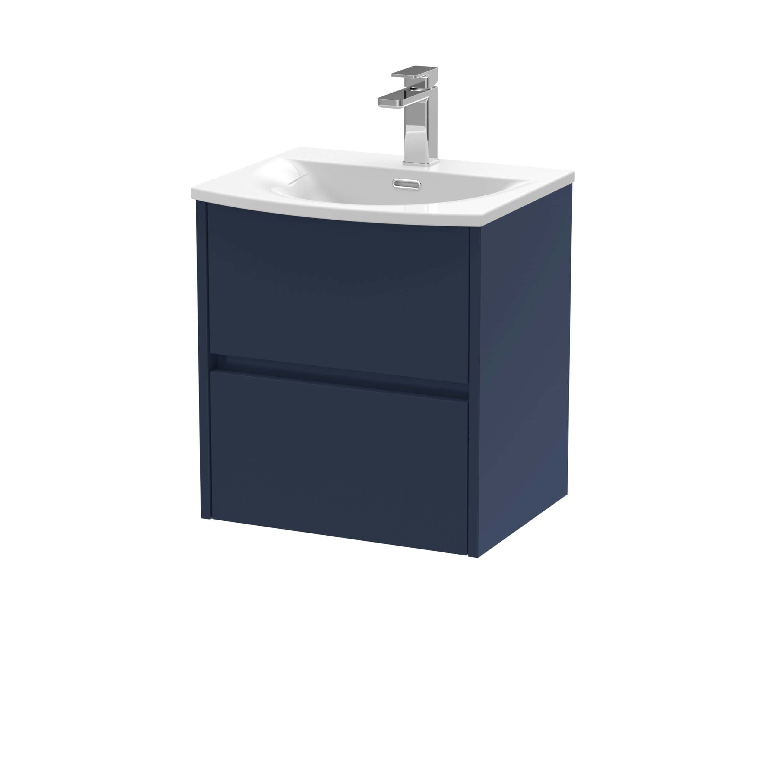 Modern navy blue bathroom vanity unit with integrated sink and streamlined design, ideal for contemporary bathrooms. Features ample storage space with two drawers and a stylish chrome faucet.