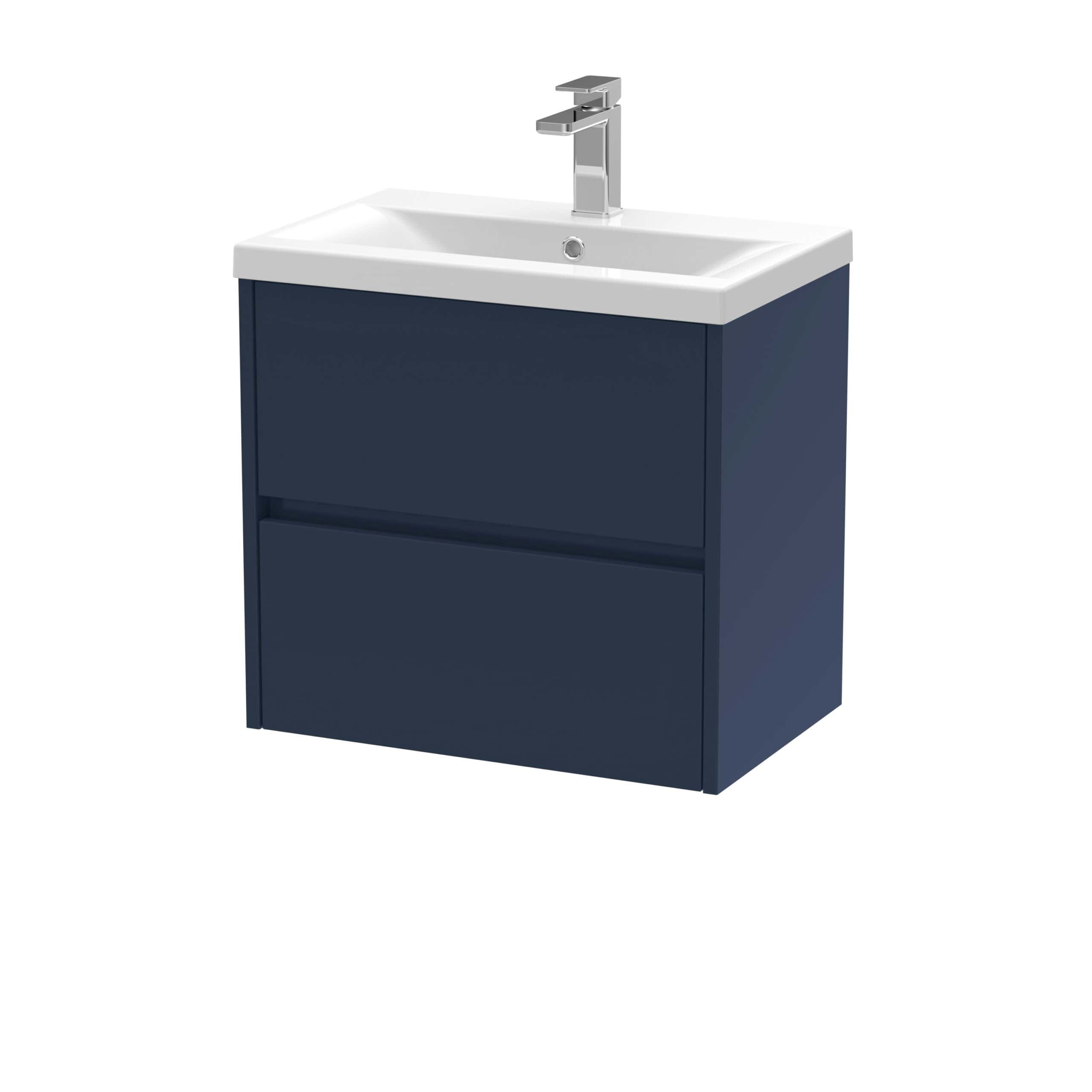 Modern blue bathroom vanity with integrated sink and chrome faucet, ideal for contemporary bathroom designs. Durable, sleek storage solution for toiletries and essentials.
