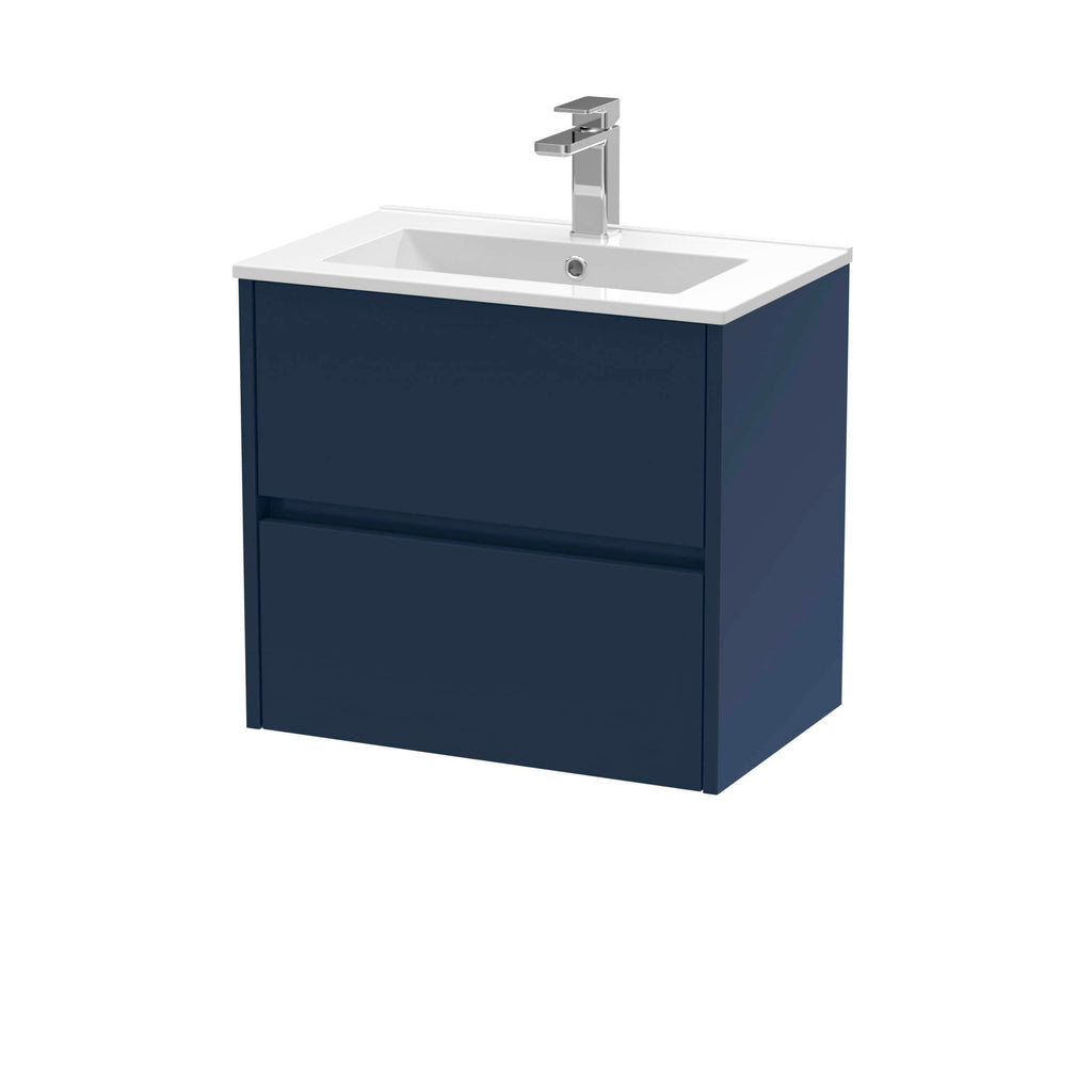 Contemporary bathroom vanity unit with integrated sink and sleek navy blue finish, perfect for modern bathroom designs. Features storage drawers for a functional and stylish space.