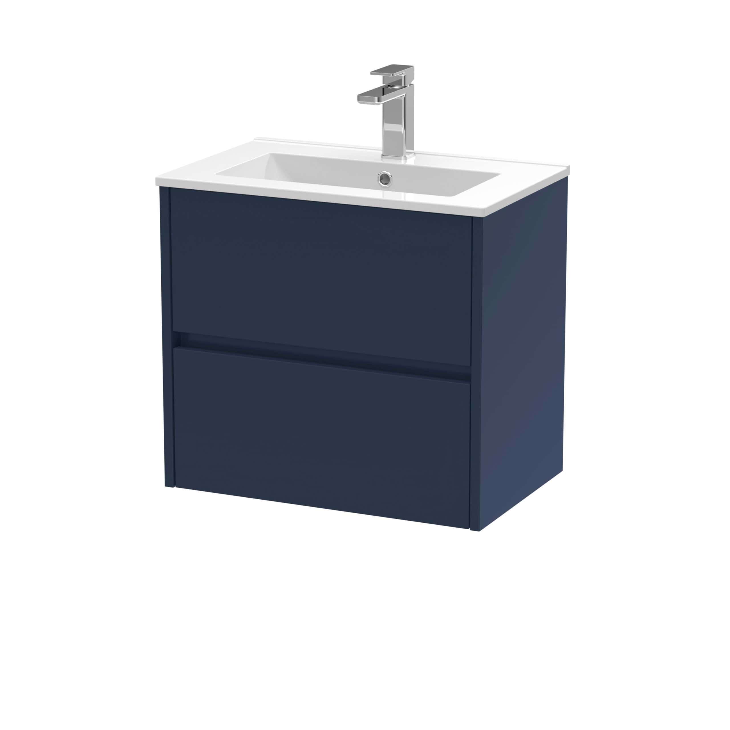 Contemporary bathroom vanity unit with integrated sink and sleek navy blue finish, perfect for modern bathroom designs. Features storage drawers for a functional and stylish space.