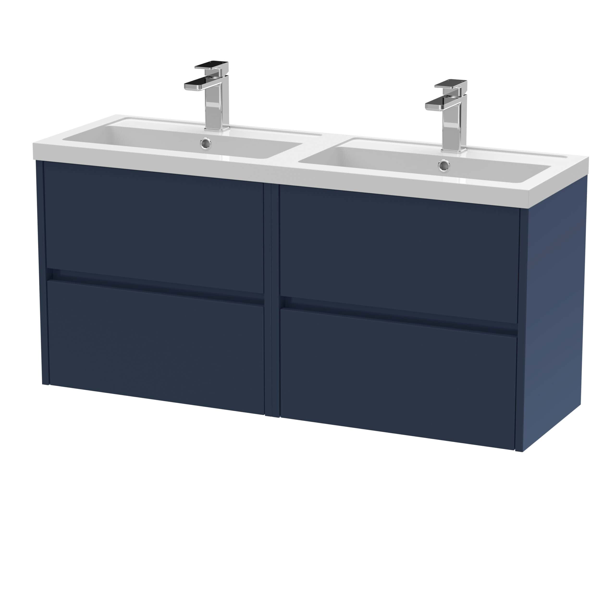 Double modern bathroom vanity unit with two white ceramic sinks and chrome taps, featuring a navy blue cabinet with four spacious drawers, ideal for stylish bathroom storage.
