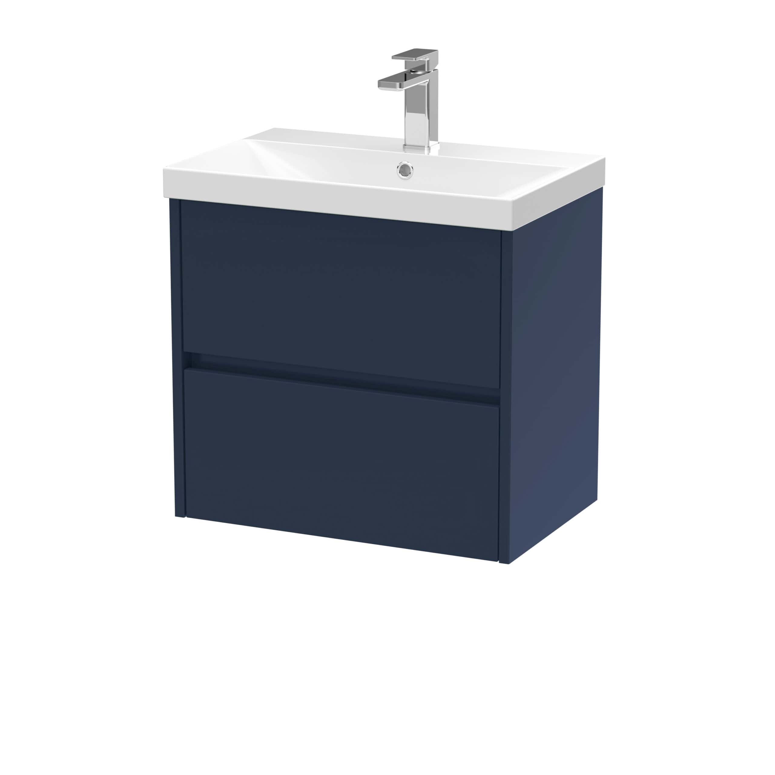 Modern navy blue bathroom vanity with integrated ceramic sink and sleek chrome-finished tap for contemporary bathroom decor.