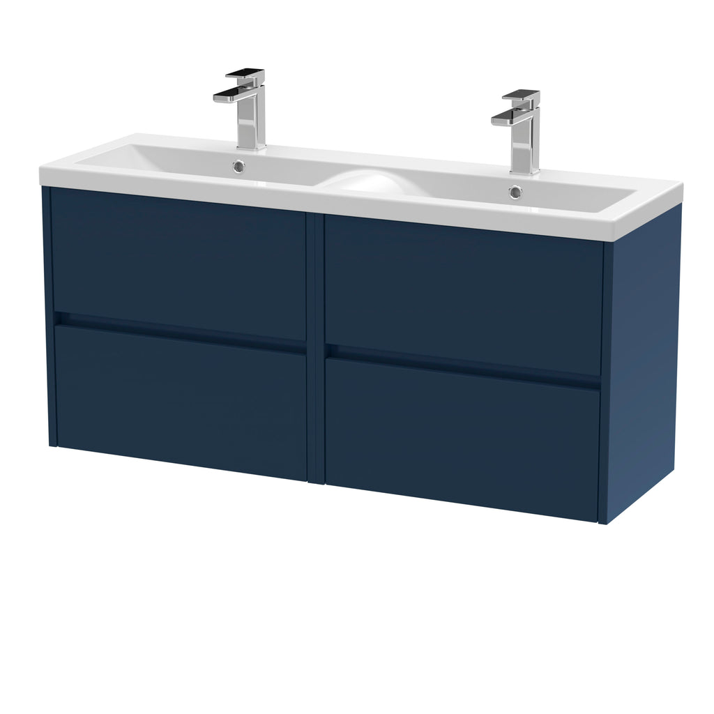 Modern double bathroom vanity unit with navy blue cabinets and white countertop featuring two integrated sinks and chrome taps, ideal for contemporary bathroom designs.