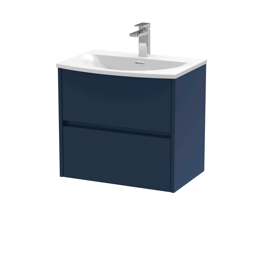 Sleek navy blue bathroom vanity with integrated sink and modern chrome faucet, ideal for contemporary bathroom designs, offering stylish storage and functional water features.