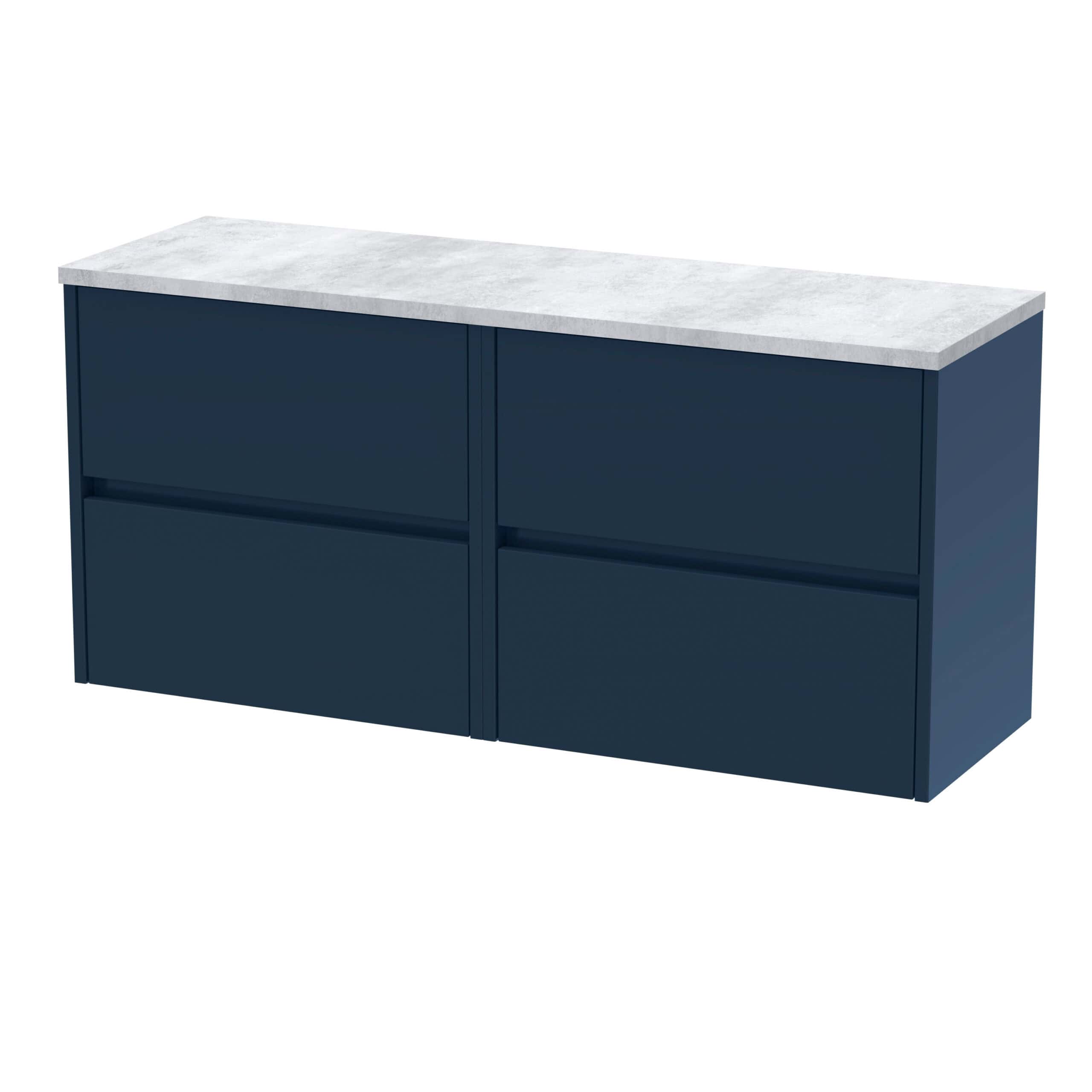 Modern navy blue bathroom sideboard with a sleek marble top, ideal for storage and contemporary bathroom or utility room designs. Perfect blend of style and functionality.