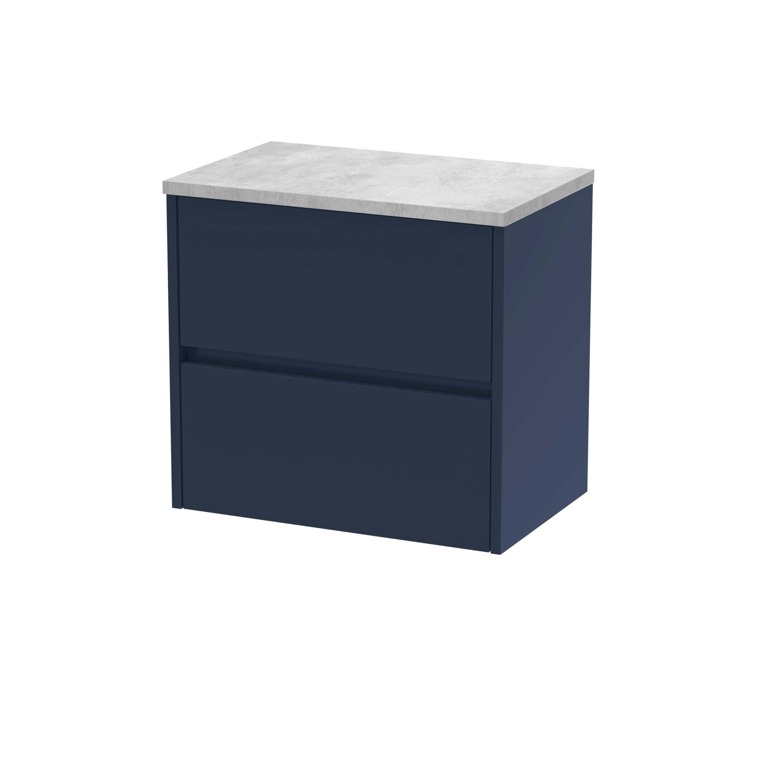Modern navy blue bathroom vanity with grey marble top, ample storage drawers, ideal for stylish bathroom renovations and fittings.