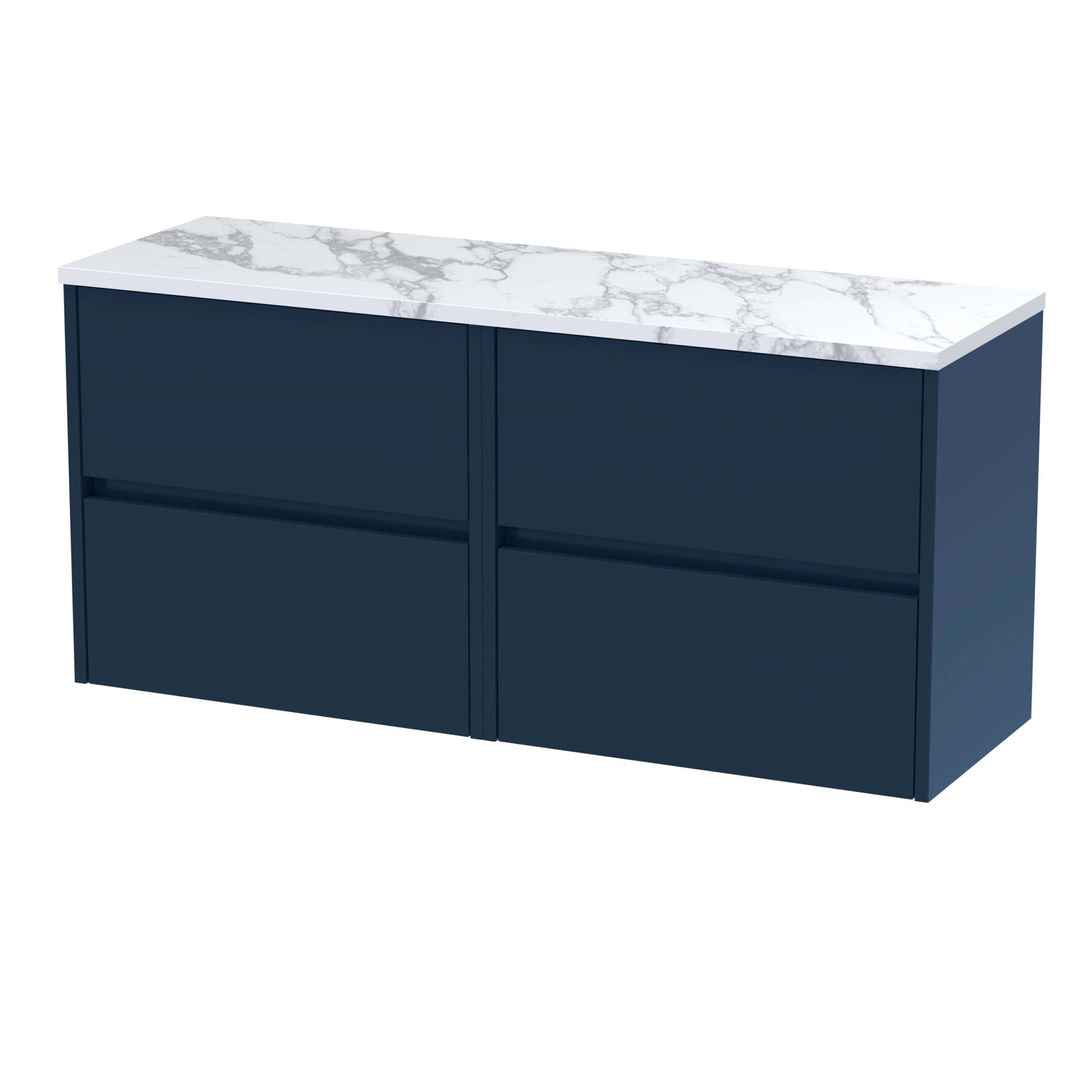 Modern navy bathroom vanity with marble top and four drawers for stylish storage. Perfect addition to contemporary bathroom designs.