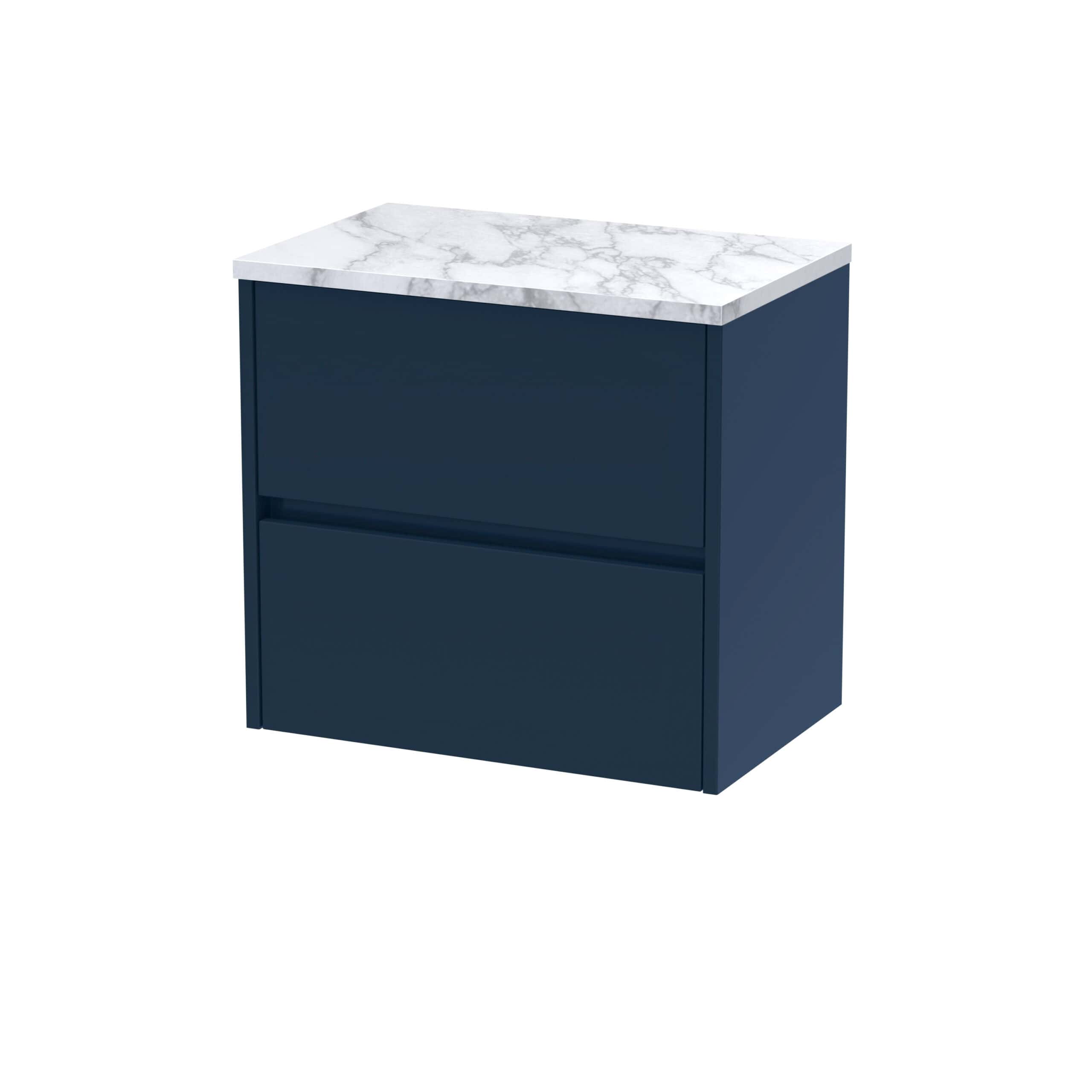 Sleek navy blue bathroom vanity with a marble top, modern design, ideal for contemporary bathroom interiors.