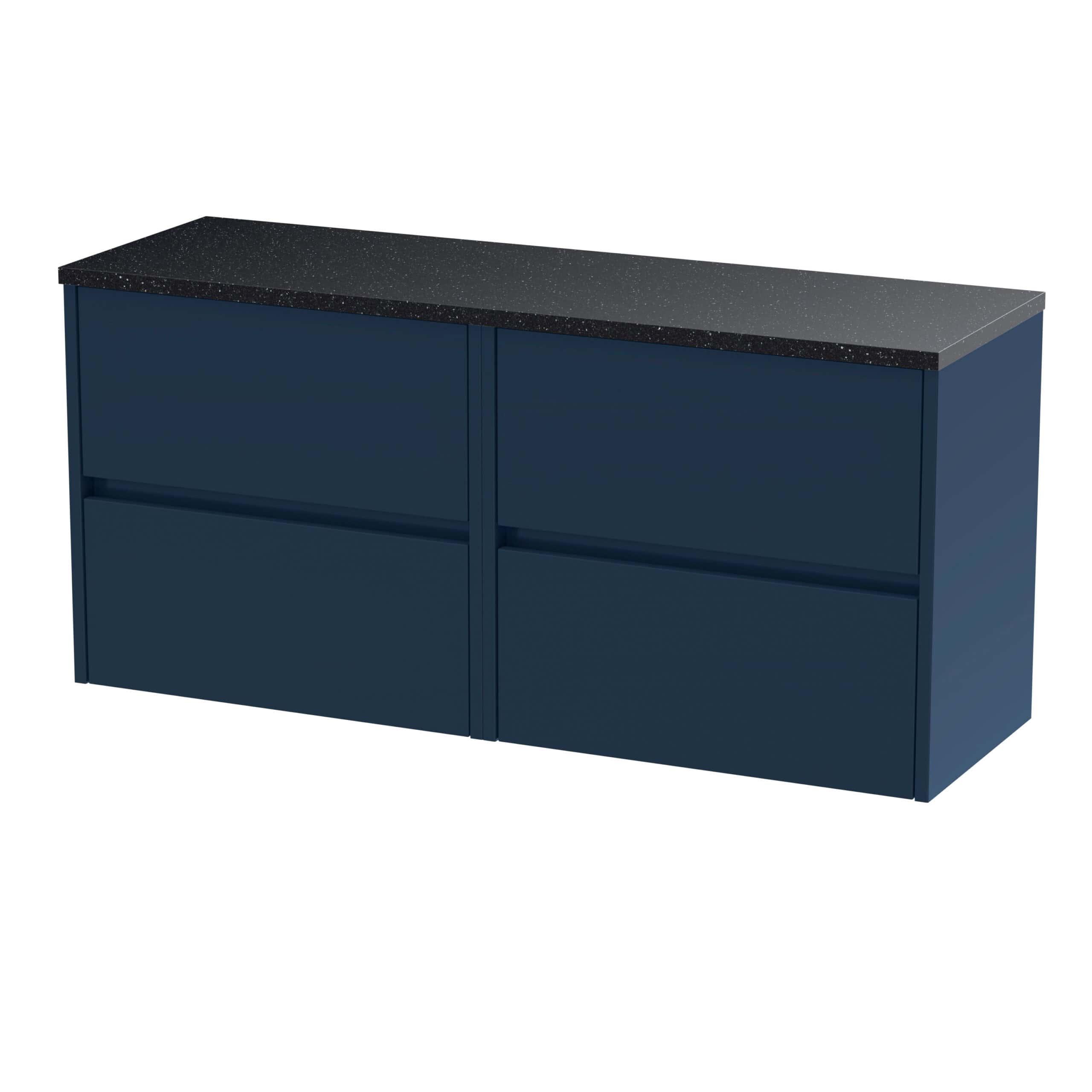 Modern navy blue bathroom vanity with sleek drawers and black speckled countertop, ideal for contemporary bathroom storage and design.