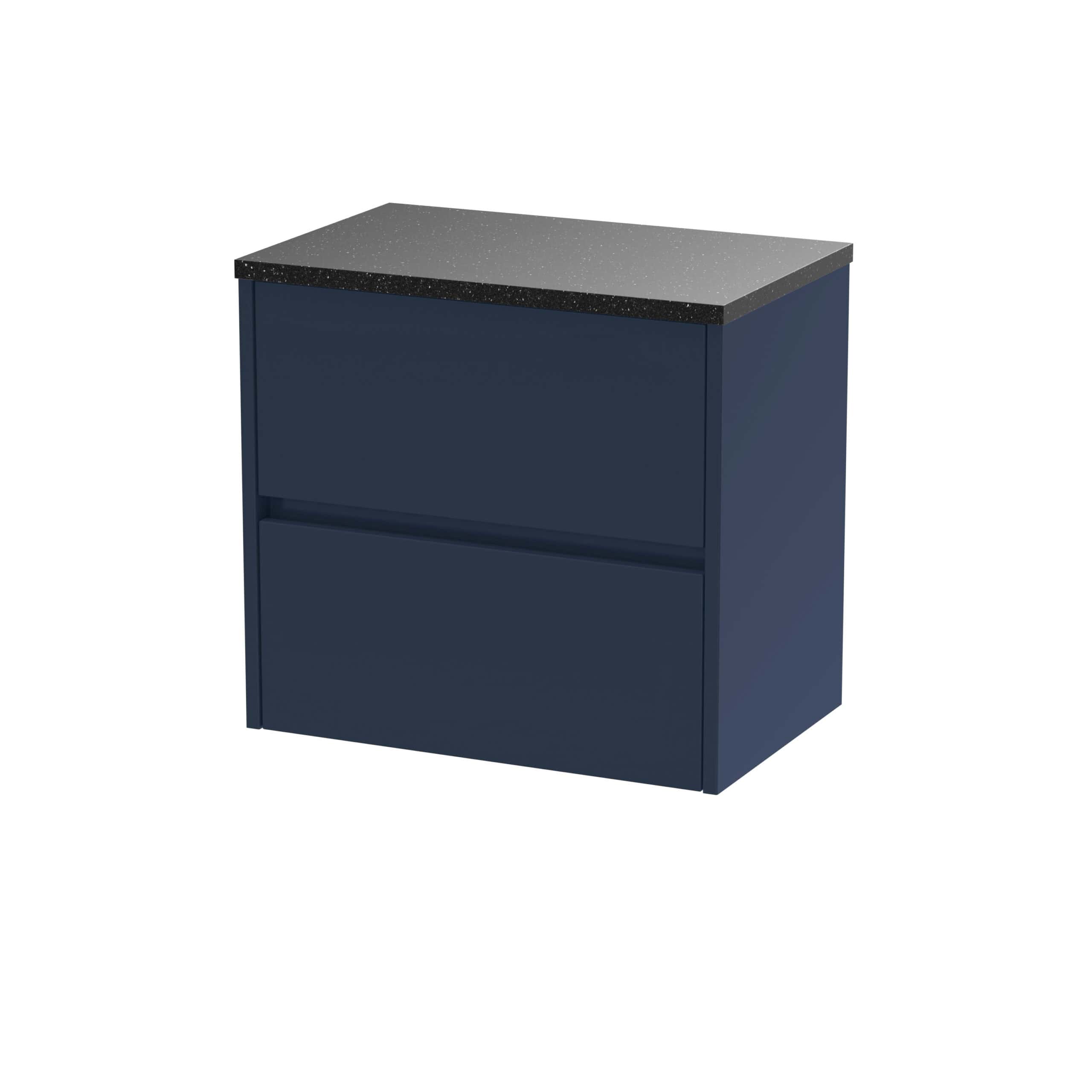 2. Modern navy blue bathroom vanity unit with two drawers and a speckled black countertop.