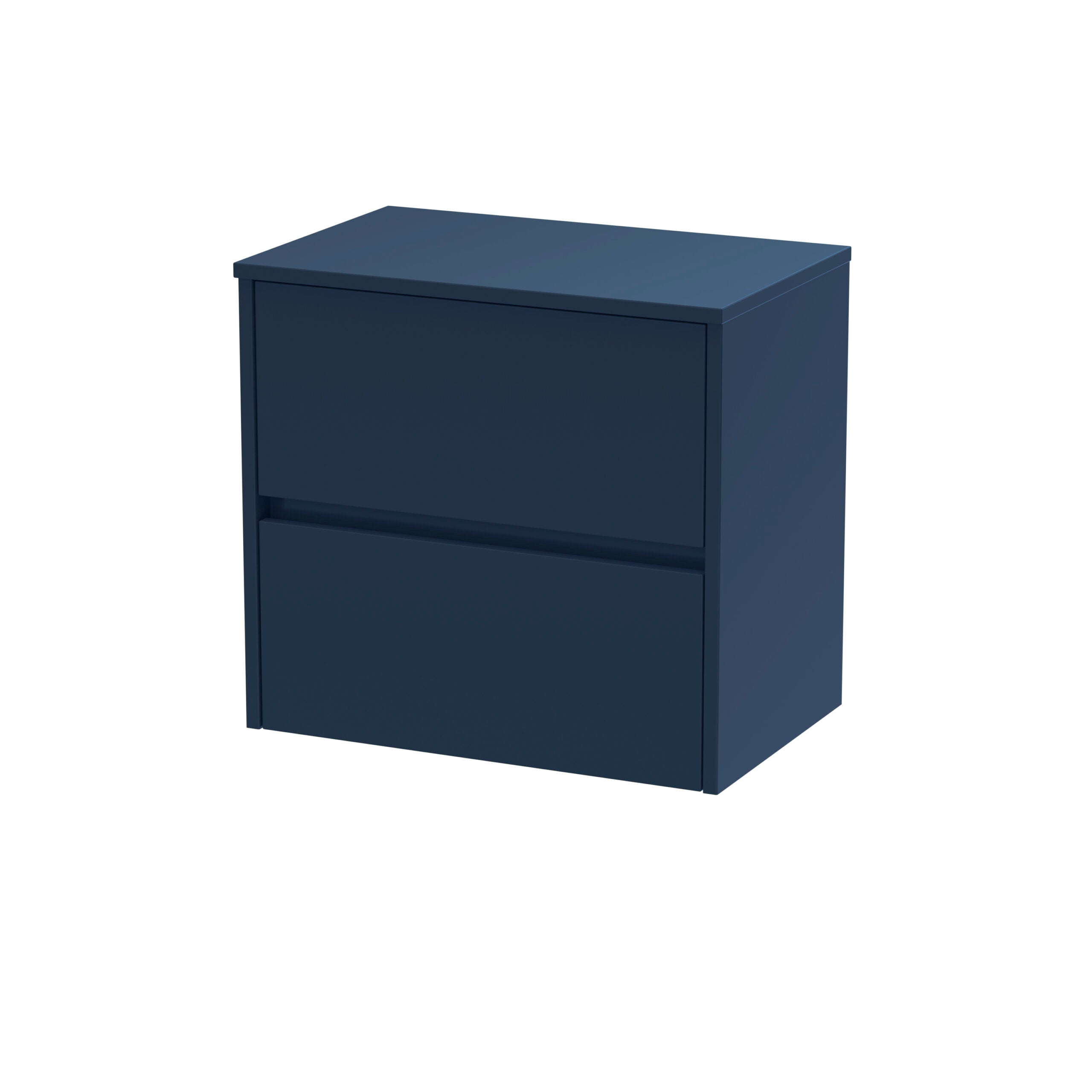 Sleek navy blue bathroom cabinet with two spacious drawers for modern storage solutions. Ideal for bathroom organisation and stylish interior design.