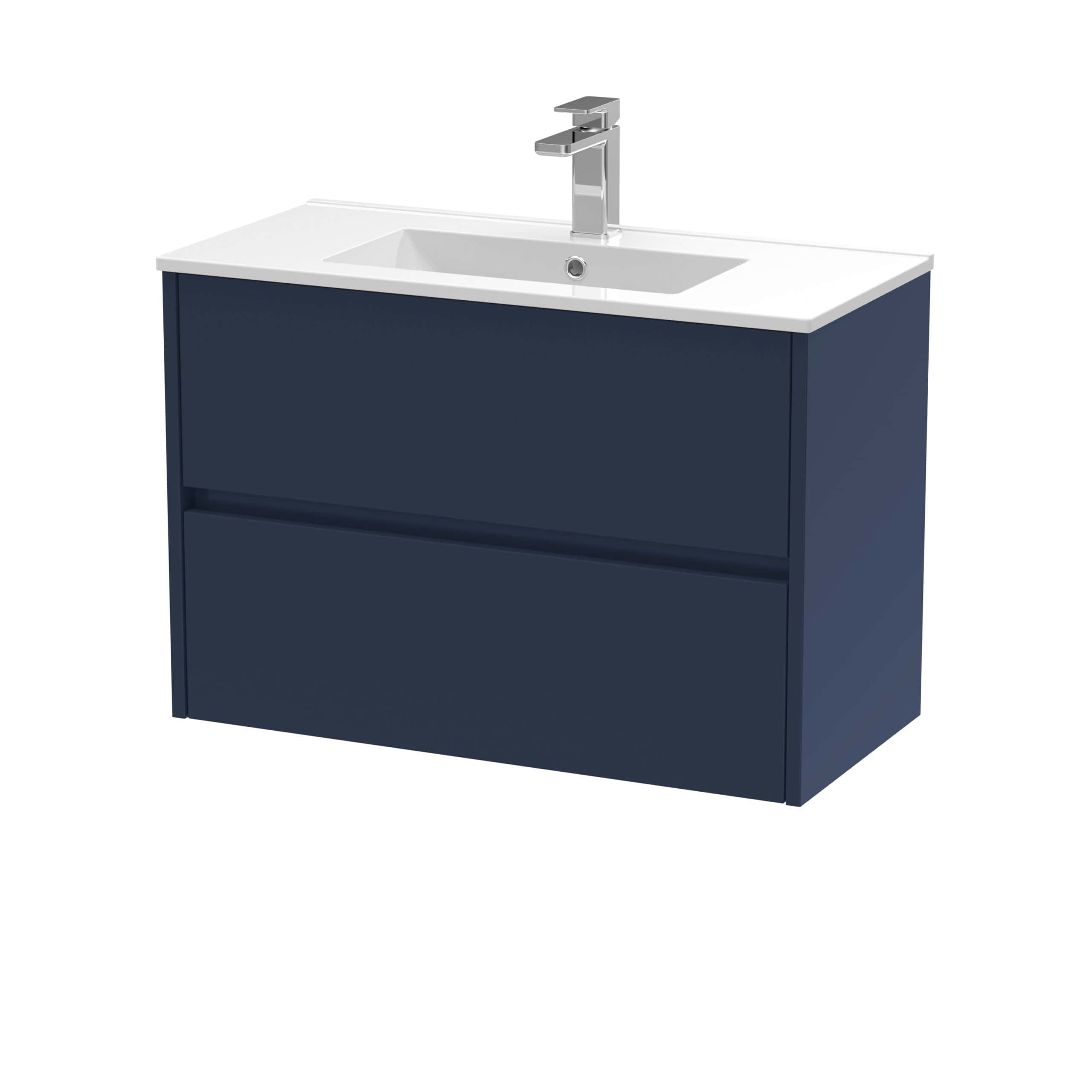 Modern blue bathroom vanity with integrated sink and chrome faucet, ideal for contemporary bathroom designs and space-efficient storage solutions.