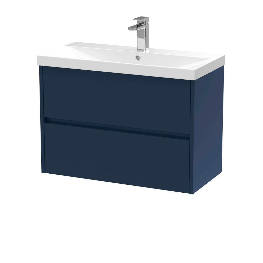 Modern navy bathroom vanity with white ceramic sink and chrome faucet, ideal for contemporary bathroom decor.