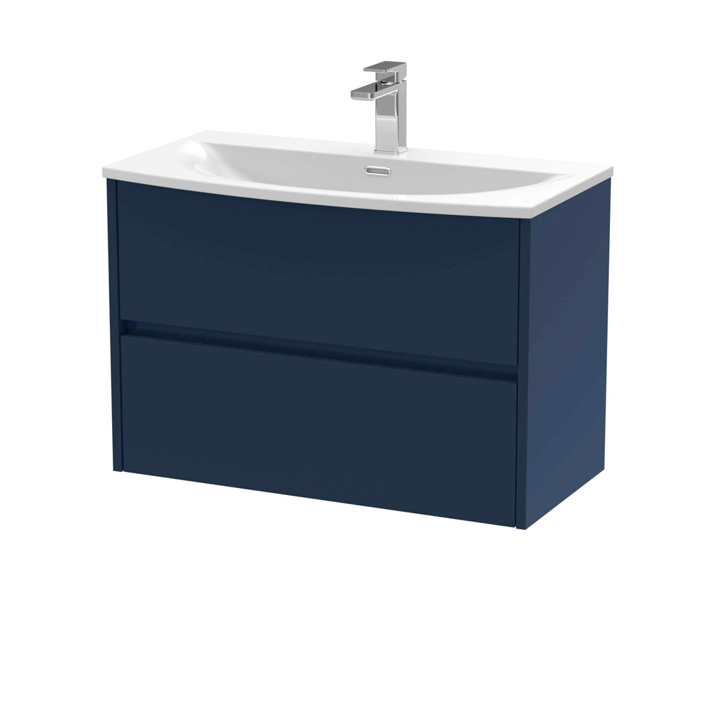 Sleek navy blue bathroom vanity with integrated sink and modern chrome faucet, ideal for contemporary bathroom designs. Durable storage cabinet with two drawers for bathroom essentials.