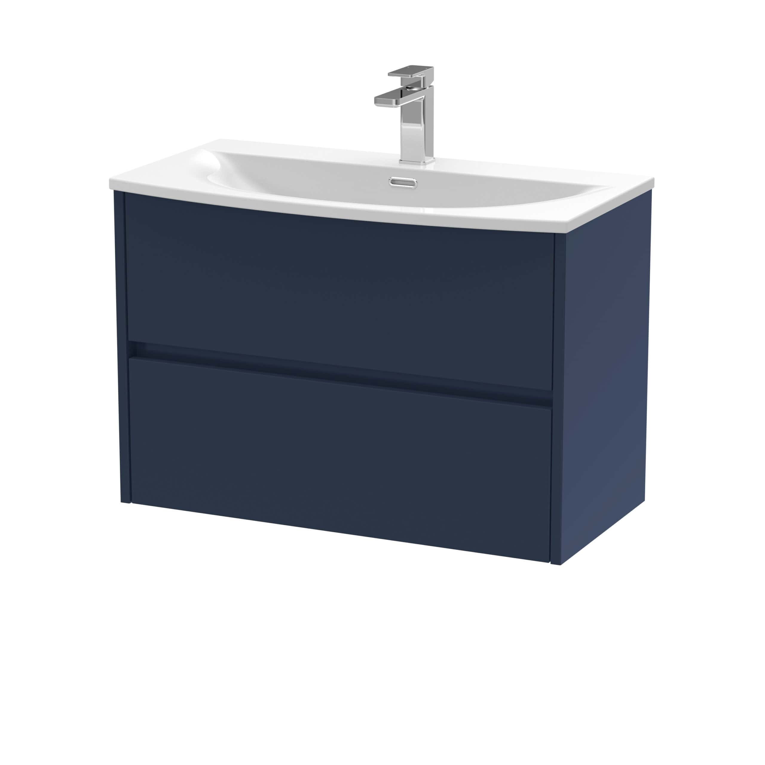 Sleek navy blue bathroom vanity with integrated sink and modern chrome faucet, ideal for contemporary bathroom designs. Durable storage cabinet with two drawers for bathroom essentials.