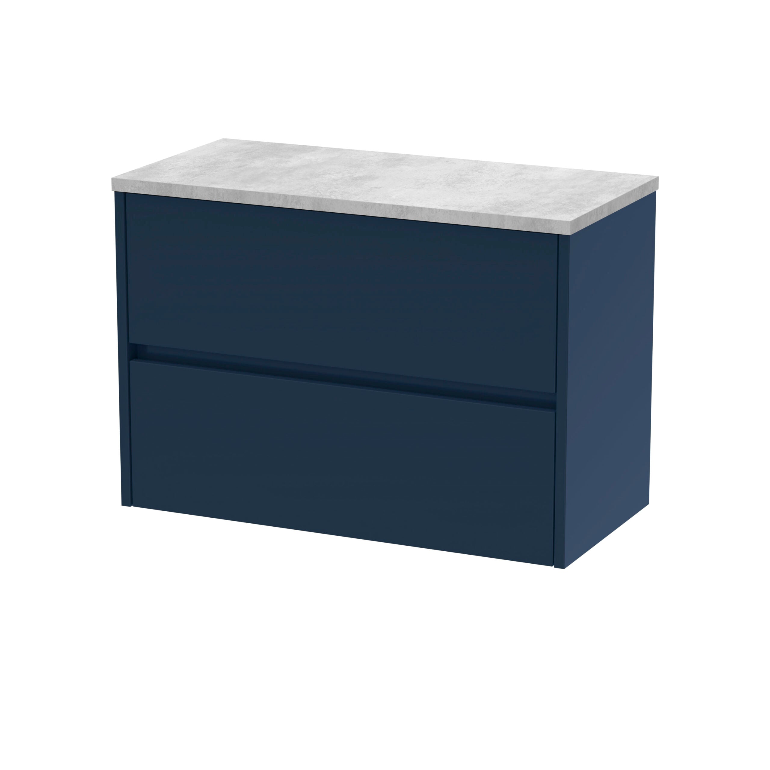 Sleek navy blue bathroom vanity unit with matte finish and minimalist design, featuring two spacious drawers and a white marble effect countertop – perfect for modern bathroom storage solutions.