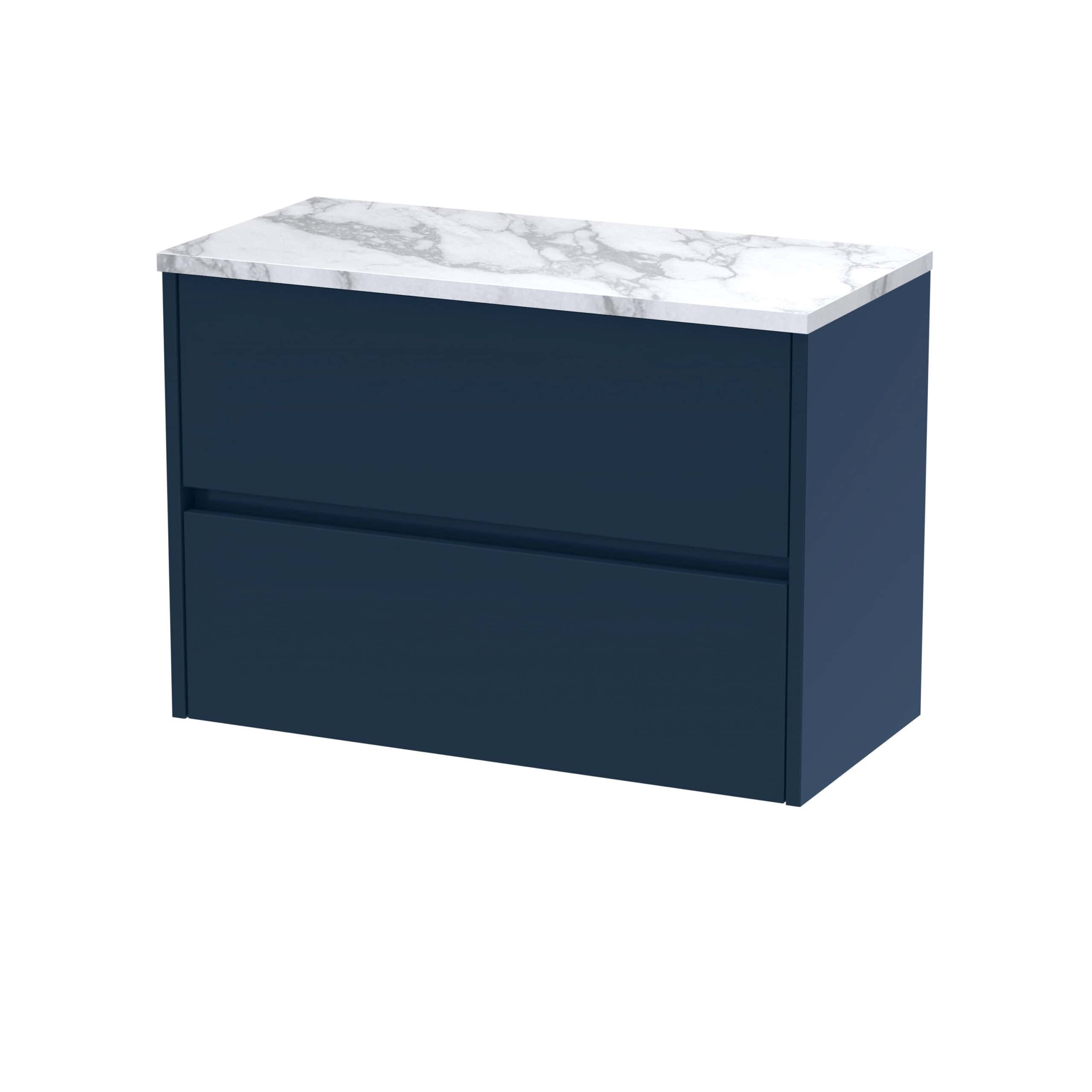 Sleek navy bathroom vanity with a contemporary design, featuring a white marble countertop and two spacious drawers for stylish storage. Perfect for modern bathrooms.