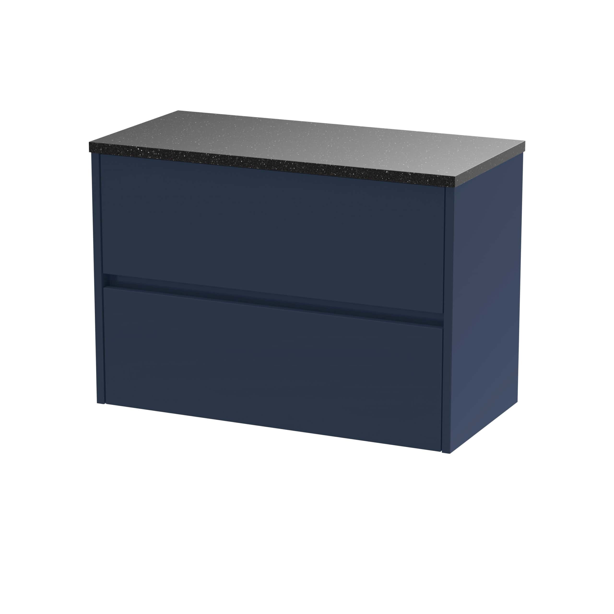 Stylish navy blue bathroom vanity with sleek black granite countertop, modern design, ideal for contemporary bathrooms, offering storage space and elegant aesthetics.