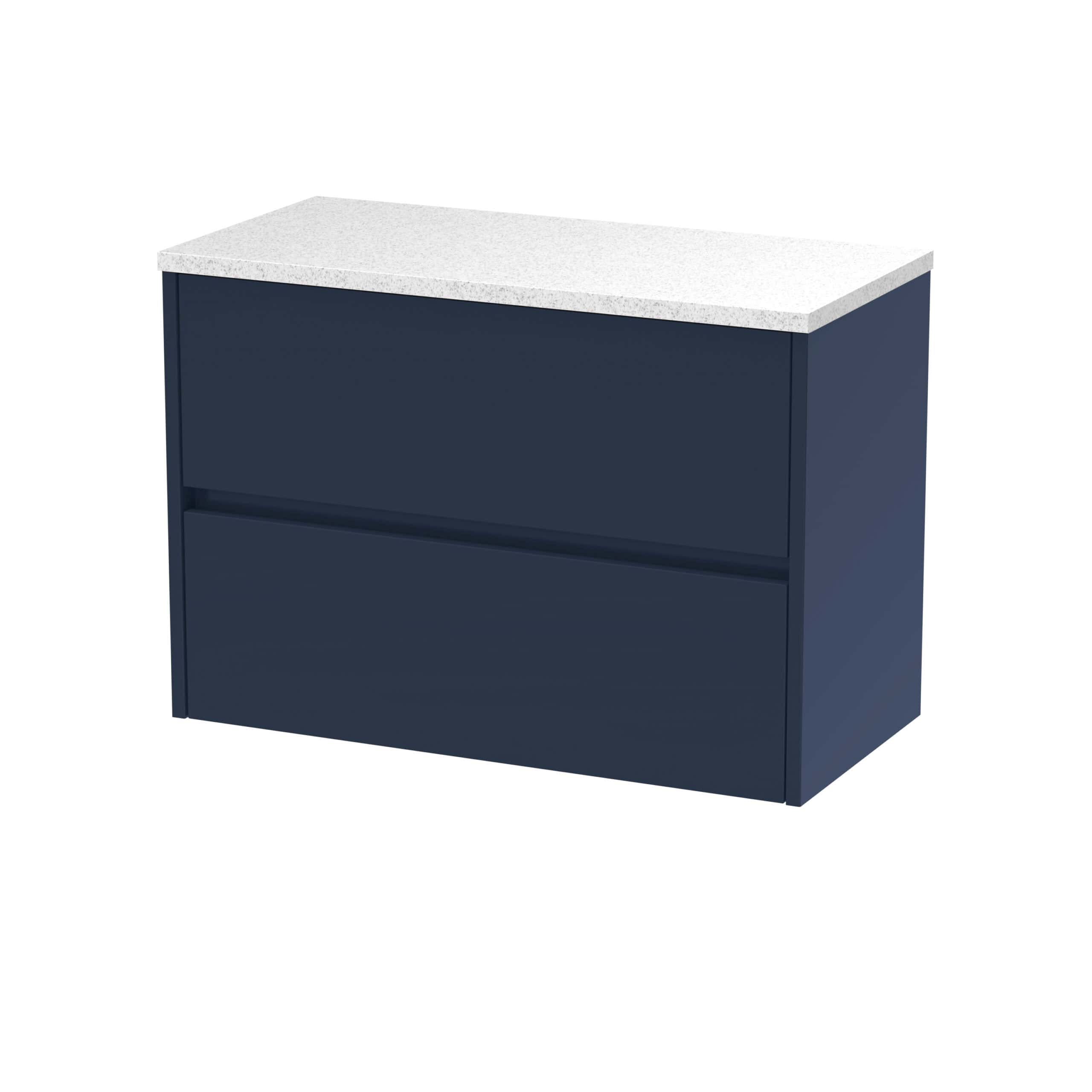Modern navy blue bathroom vanity with a white speckled countertop, ideal for contemporary bathroom storage solutions.