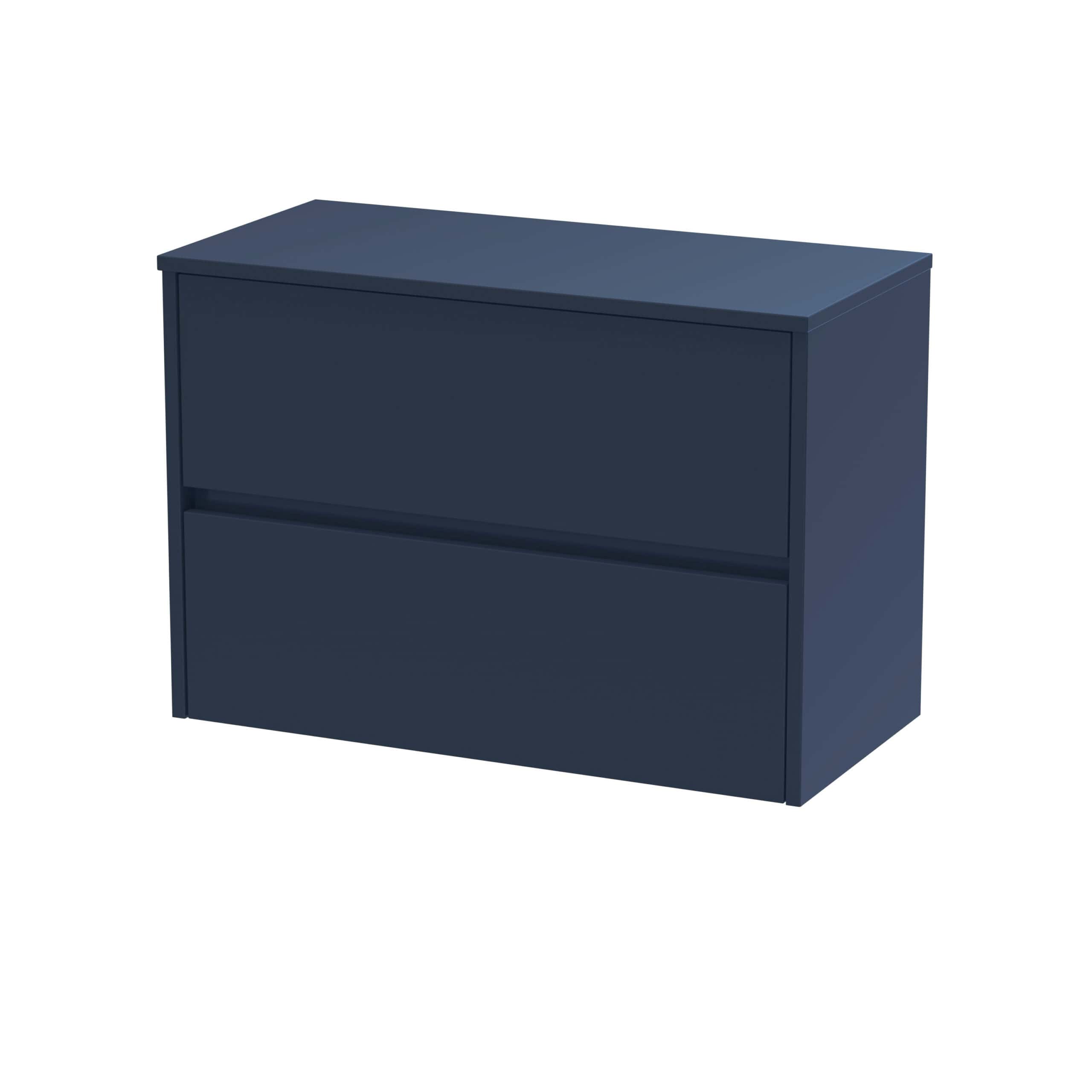 Modern navy blue bathroom cabinet with two drawers for extra storage and sleek design. Perfect for contemporary bathroom decor and organisation.