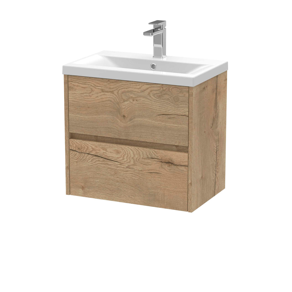 Minimalist bathroom vanity with a wooden finish and integrated ceramic sink, featuring a sleek chrome tap for modern bathroom design. Perfect for contemporary bathrooms needing stylish storage.