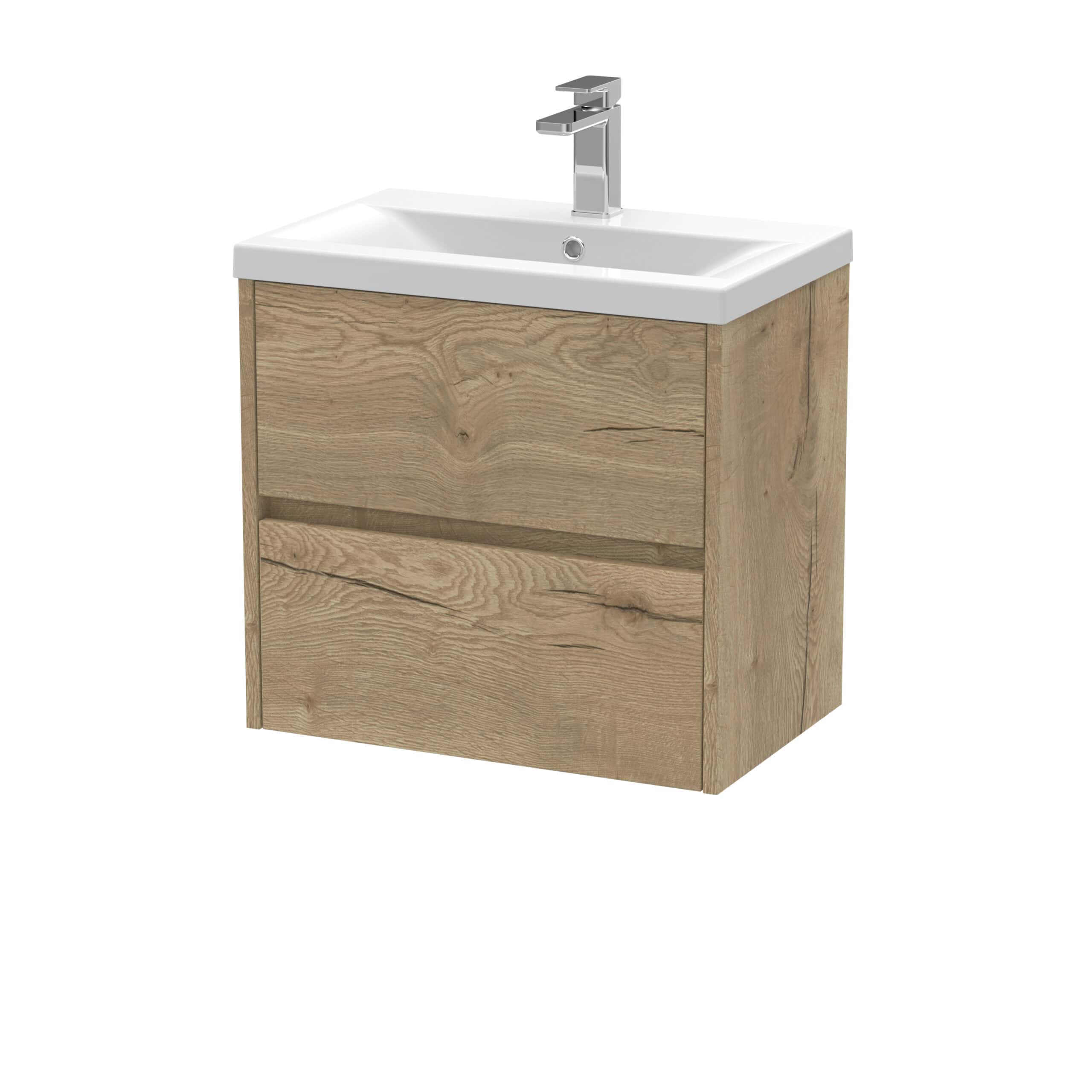 Minimalist bathroom vanity with a wooden finish and integrated ceramic sink, featuring a sleek chrome tap for modern bathroom design. Perfect for contemporary bathrooms needing stylish storage.