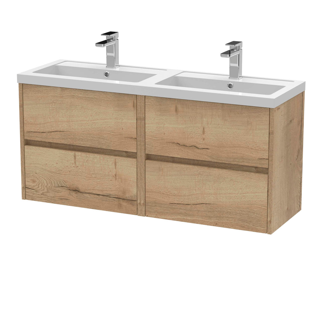 Modern double bathroom vanity unit with integrated white ceramic sinks and chrome taps, featuring natural wood finish for a stylish and functional bathroom upgrade.