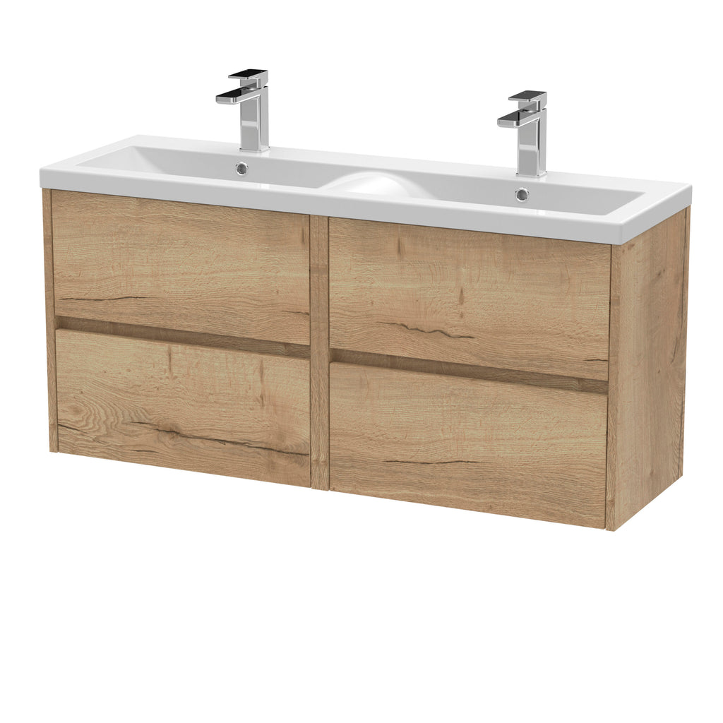 Double modern bathroom vanity unit with white ceramic sink and chrome taps, featuring natural wood finish on cabinets for a contemporary and stylish bathroom design.