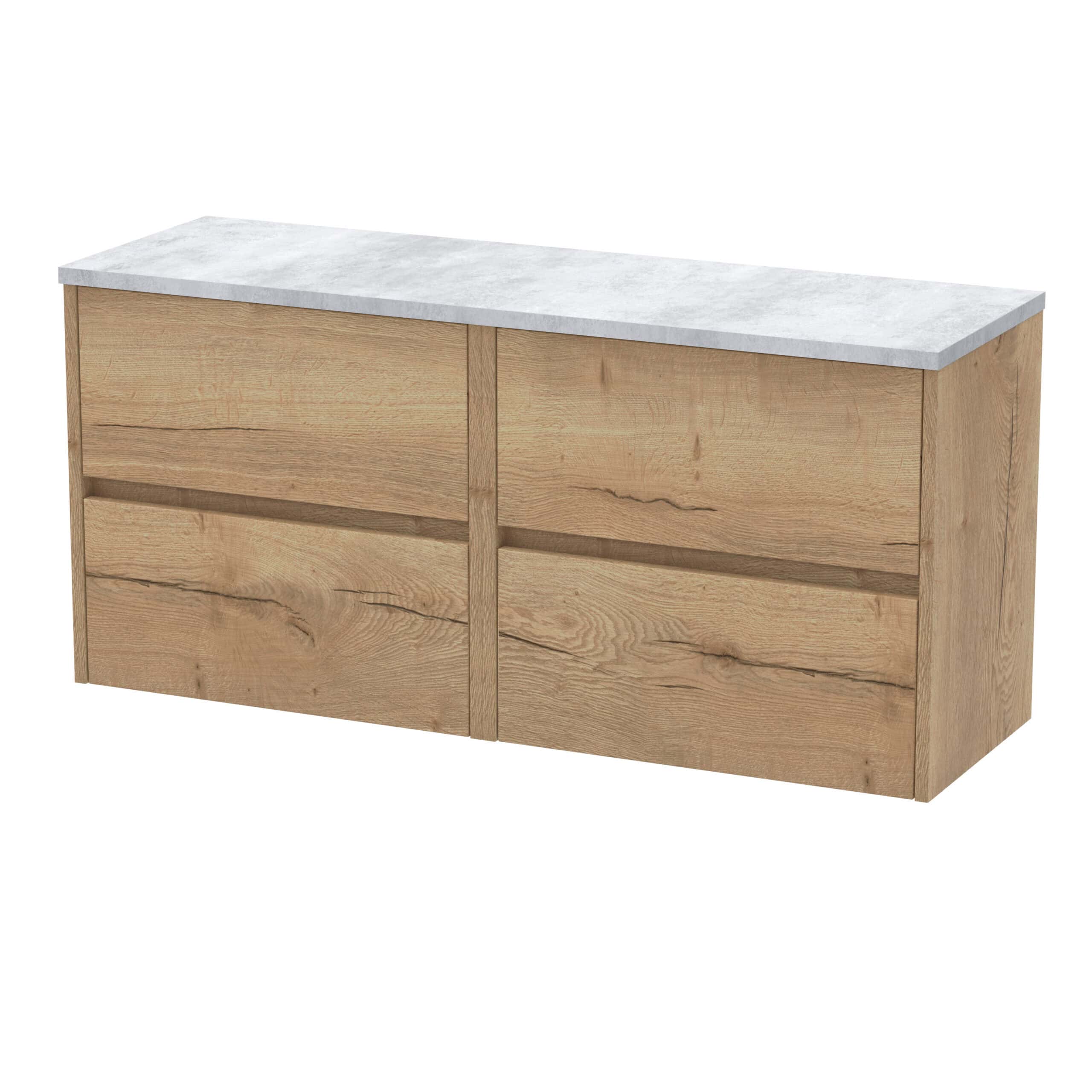 Natural wood bathroom storage cabinet with marble top for modern bathroom decor.